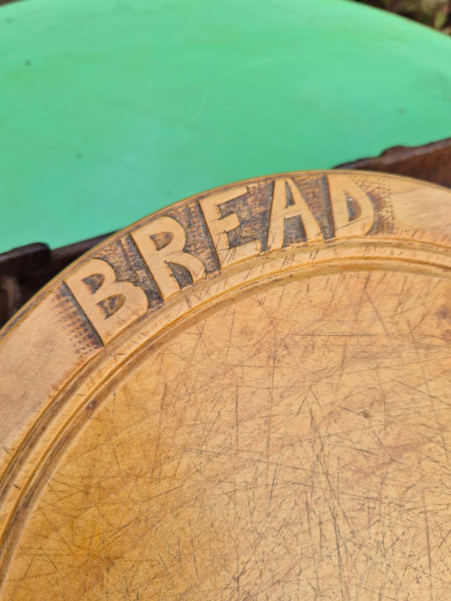 Vintage Carved Wood Round Bread Board Farmhouse Rustic Kitchenalia