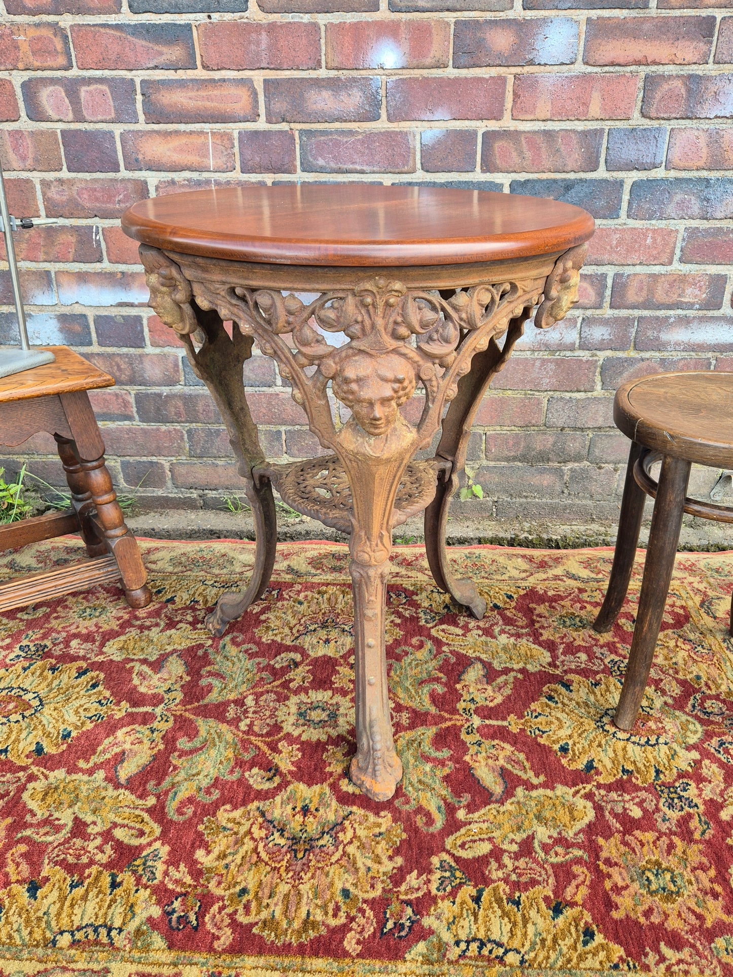 Antique Cast Iron Goddess Table Wooden Mahogany Top Pub Table The Tivi Co. Bar Fitters Etc Tipton