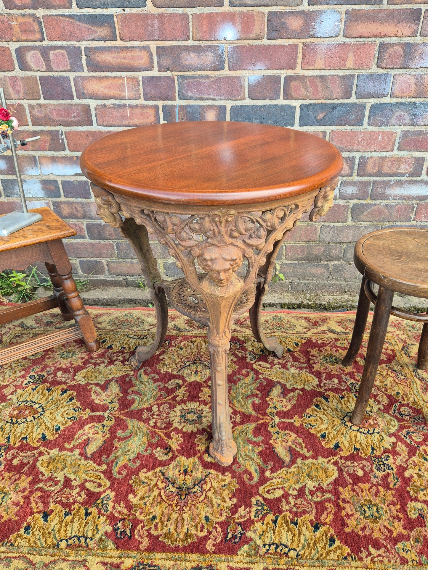 Antique Cast Iron Goddess Table Wooden Mahogany Top Pub Table The Tivi Co. Bar Fitters Etc Tipton