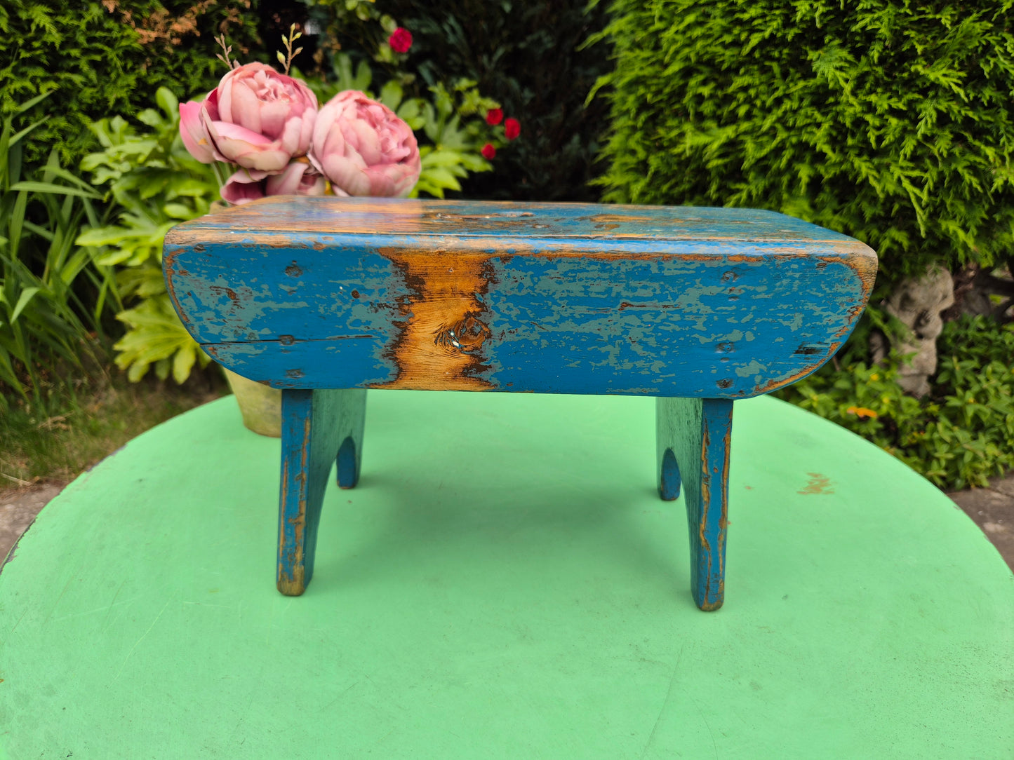 Vintage Rectangular Wooden Stool Rustic Farmhouse Cottage Milking Stool Blue Postage Included