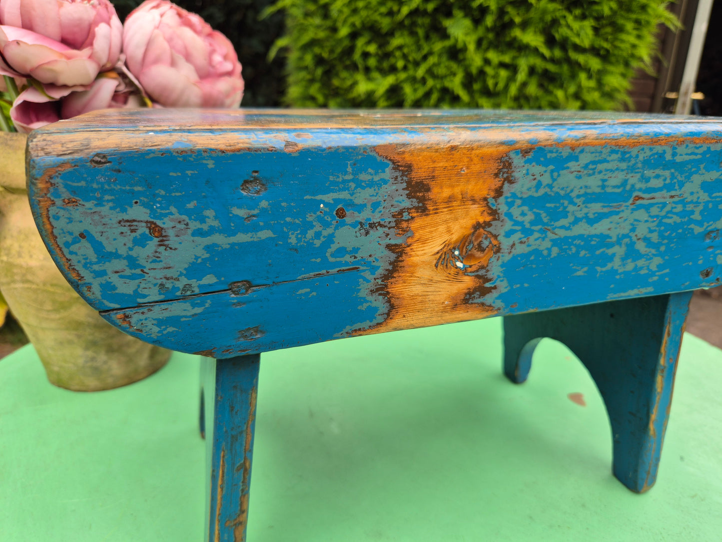 Vintage Rectangular Wooden Stool Rustic Farmhouse Cottage Milking Stool Blue Postage Included