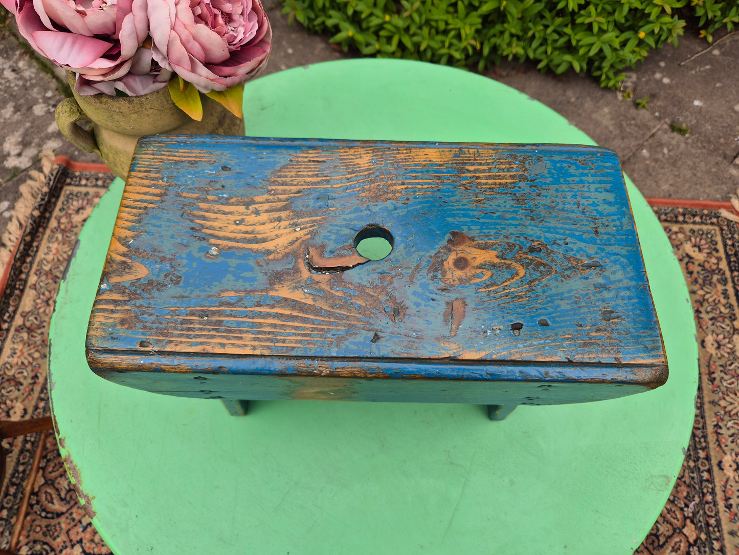 Vintage Rectangular Wooden Stool Rustic Farmhouse Cottage Milking Stool Blue Postage Included