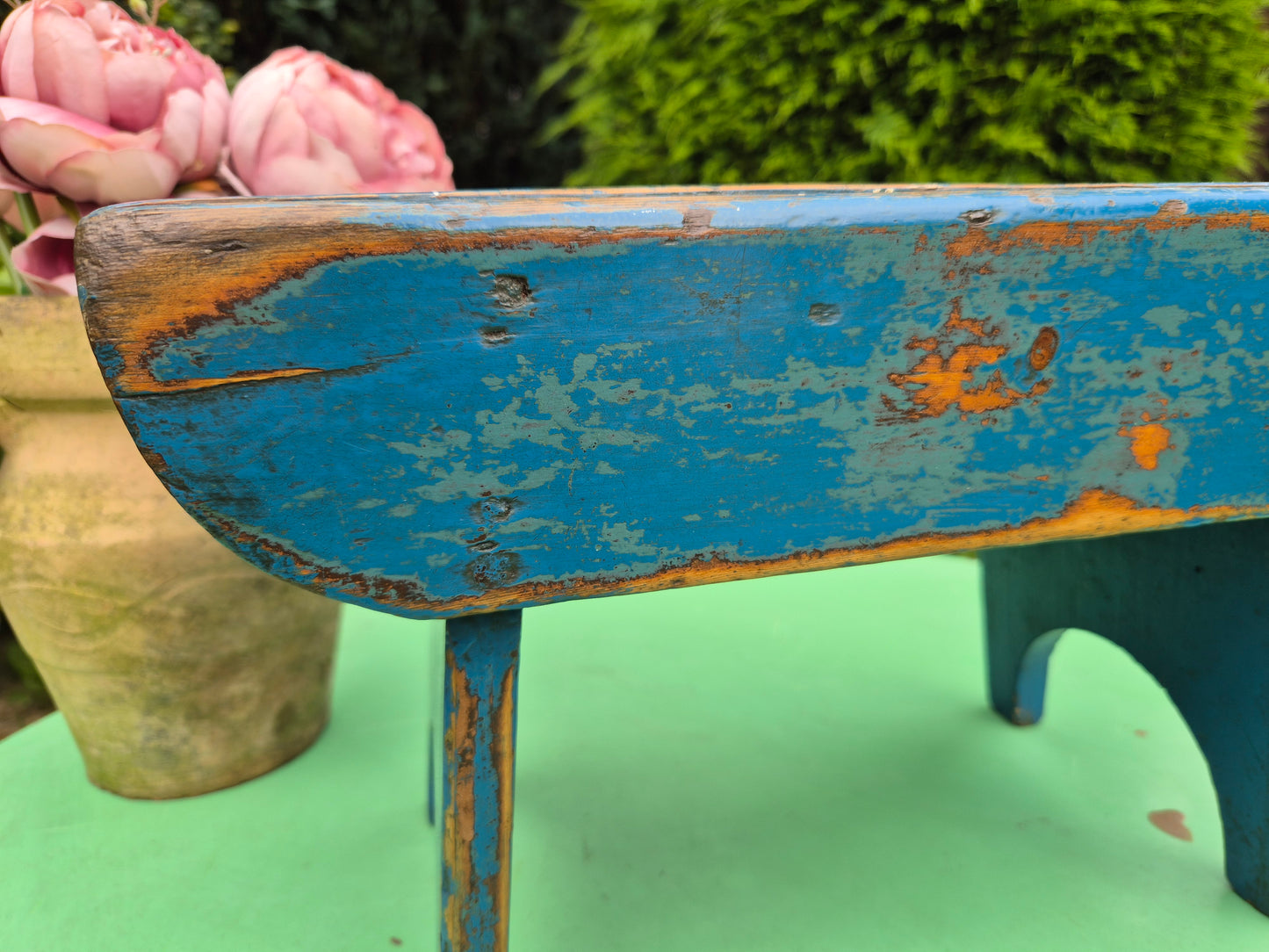Vintage Rectangular Wooden Stool Rustic Farmhouse Cottage Milking Stool Blue Postage Included