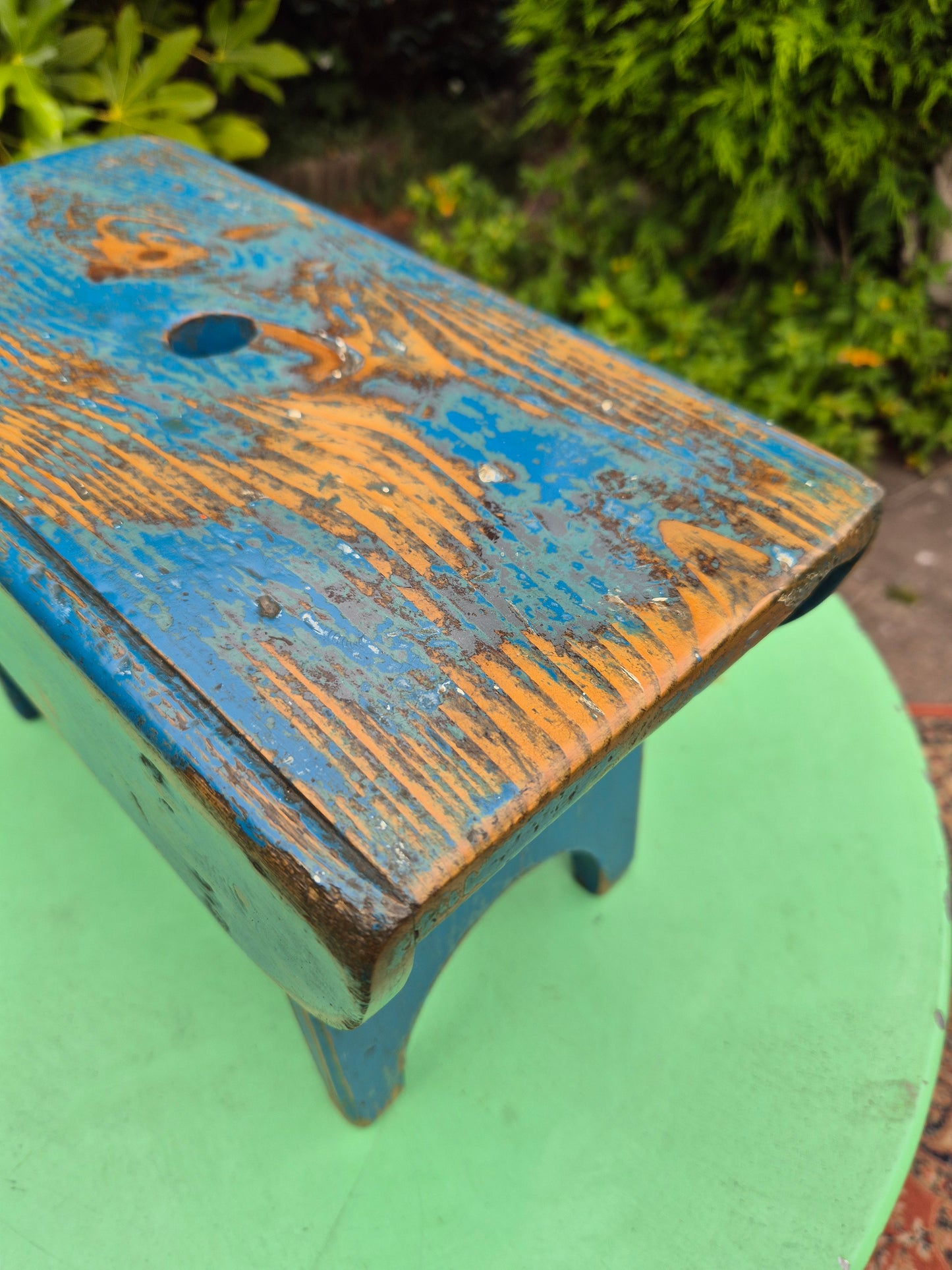 Vintage Rectangular Wooden Stool Rustic Farmhouse Cottage Milking Stool Blue Postage Included