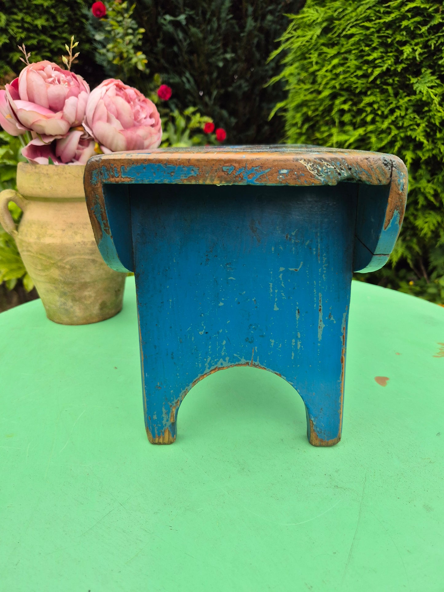 Vintage Rectangular Wooden Stool Rustic Farmhouse Cottage Milking Stool Blue Postage Included