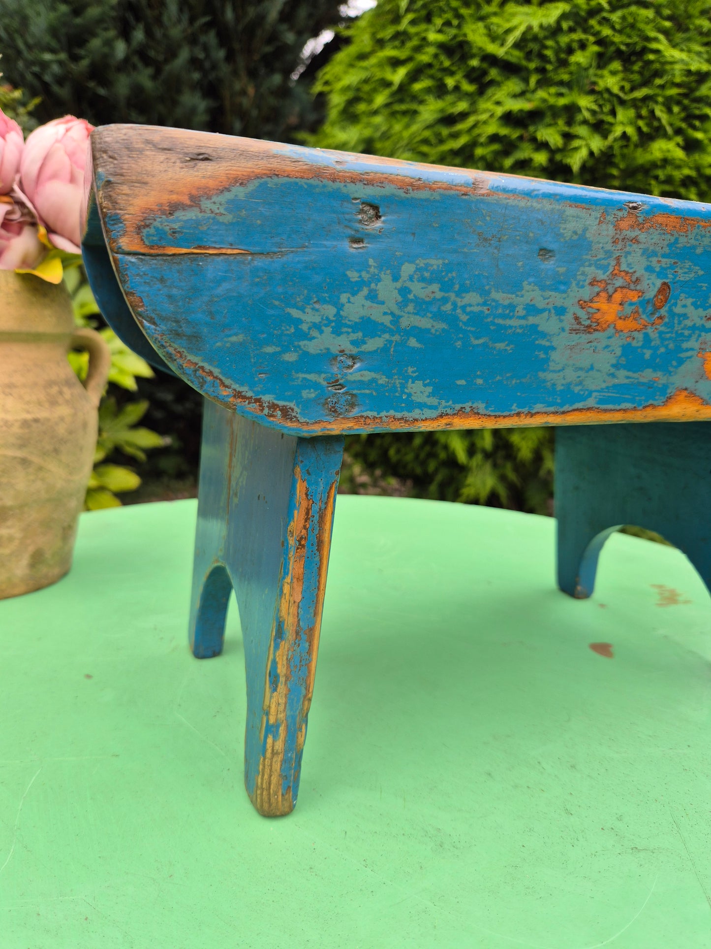 Vintage Rectangular Wooden Stool Rustic Farmhouse Cottage Milking Stool Blue Postage Included