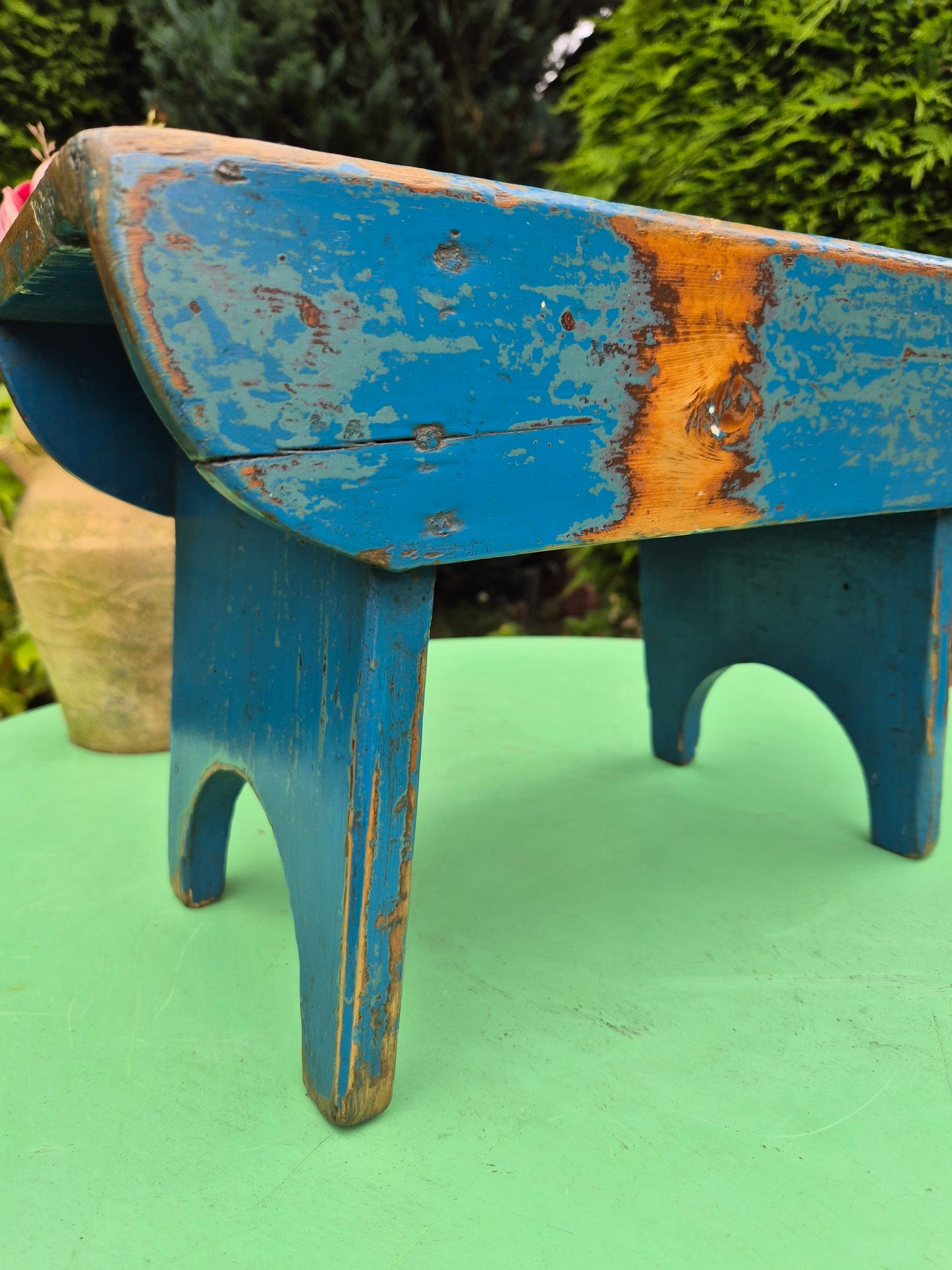 Vintage Rectangular Wooden Stool Rustic Farmhouse Cottage Milking Stool Blue Postage Included