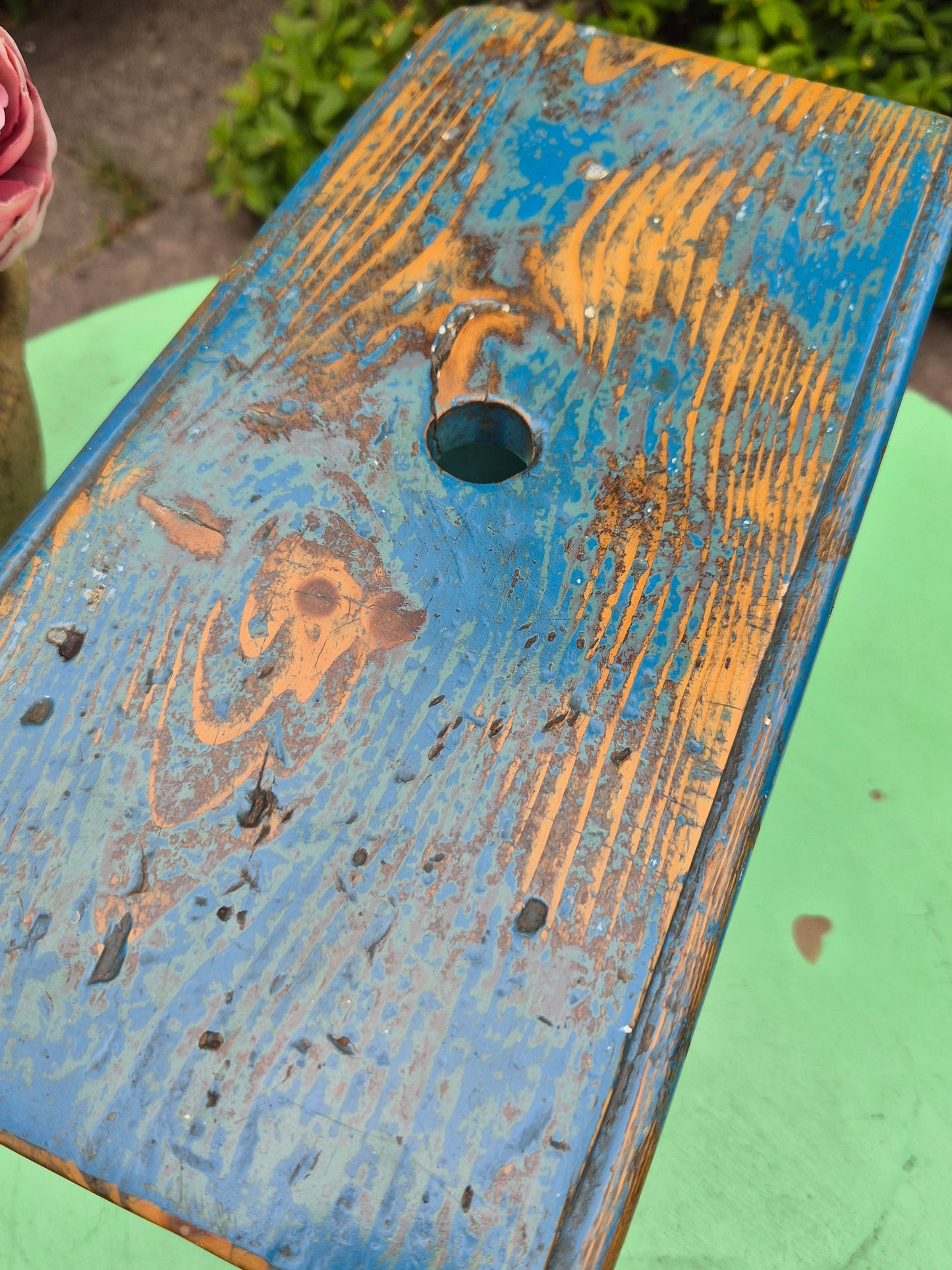 Vintage Rectangular Wooden Stool Rustic Farmhouse Cottage Milking Stool Blue Postage Included