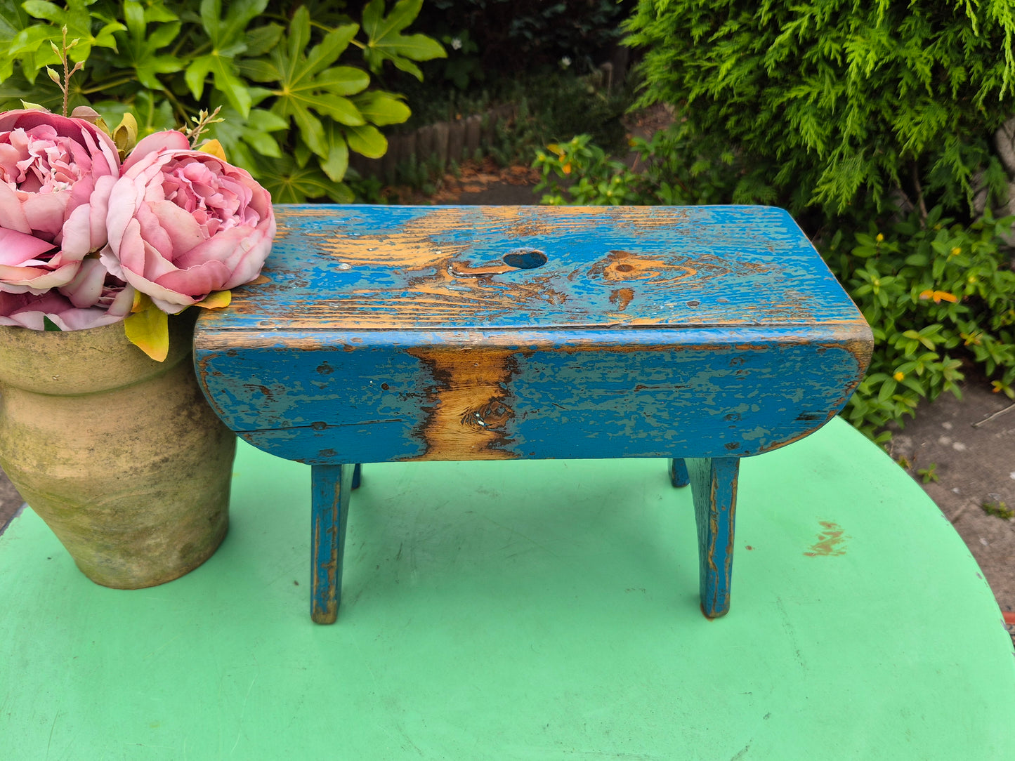 Vintage Rectangular Wooden Stool Rustic Farmhouse Cottage Milking Stool Blue Postage Included