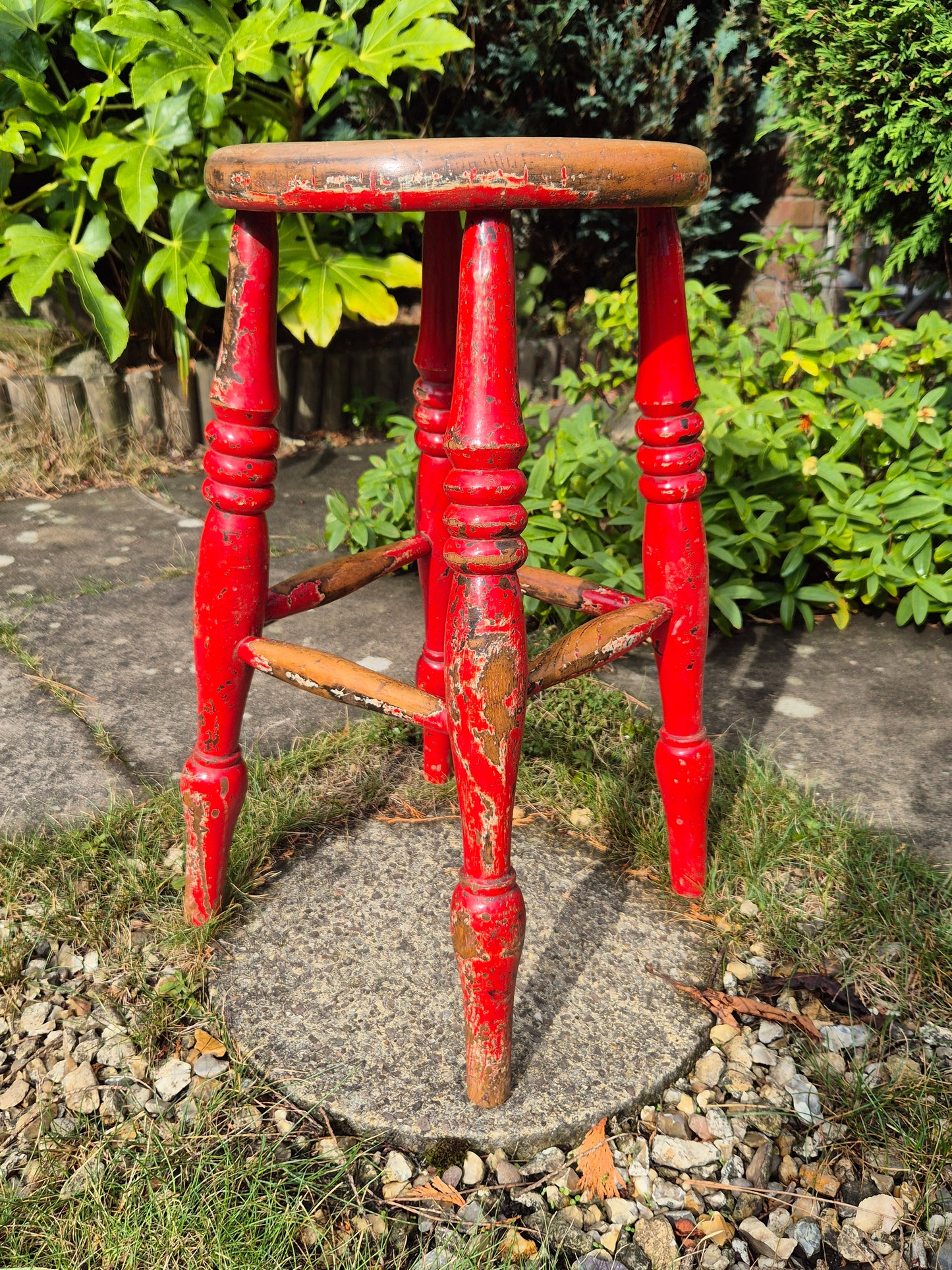 Antique Elm Top Stool Round Top, Turned Legs Country Farmhouse Red