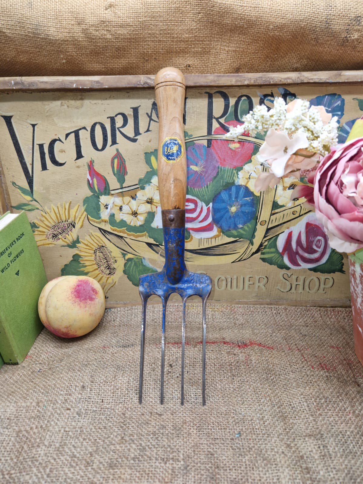 Vintage ELWELL Garden Hand Fork Allotment Planting Old Tool Original Label