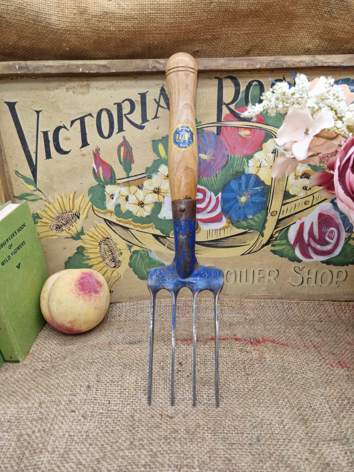 Vintage ELWELL Garden Hand Fork Allotment Planting Old Tool Original Label