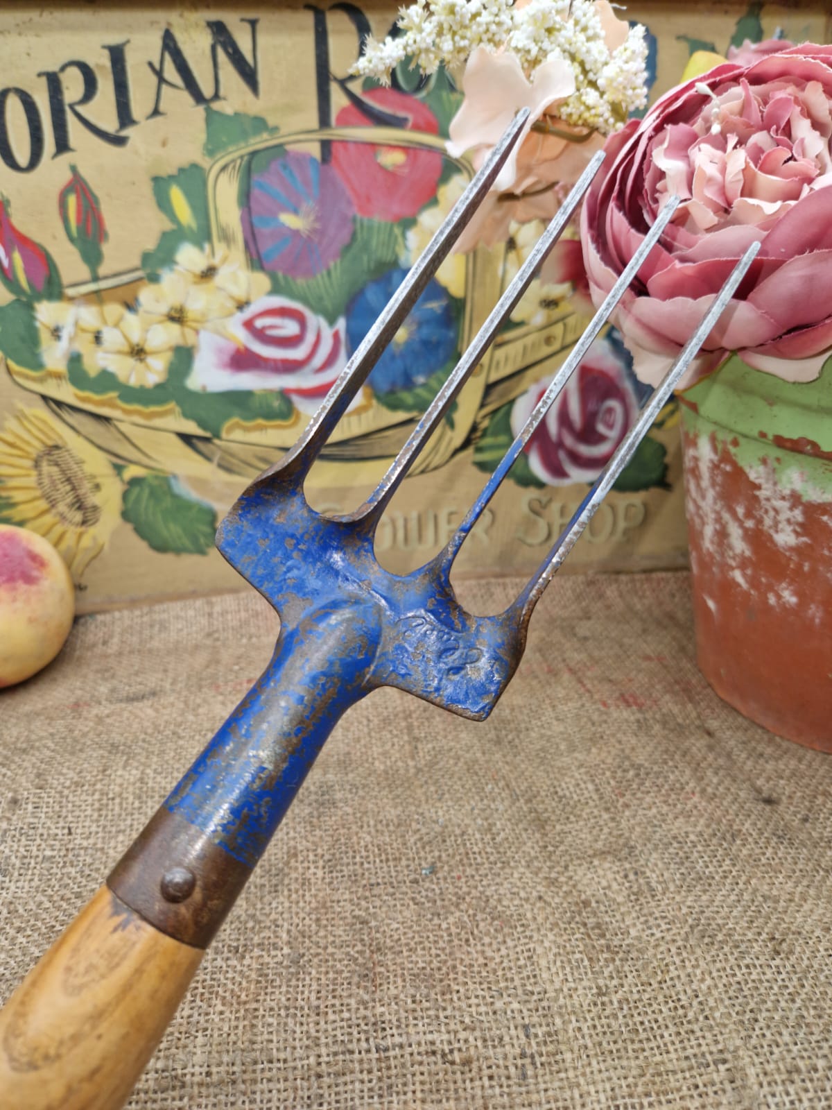 Vintage ELWELL Garden Hand Fork Allotment Planting Old Tool Original Label