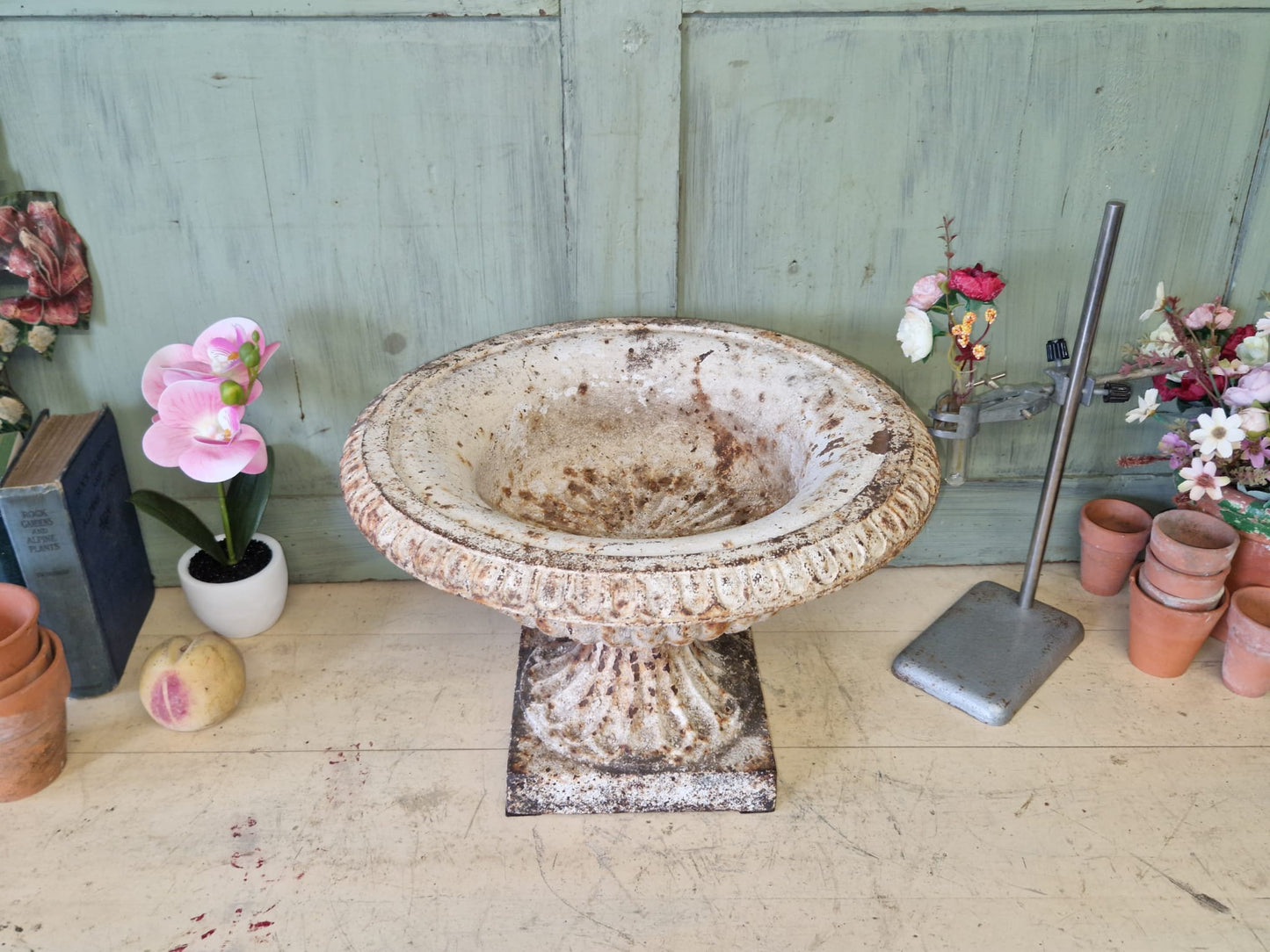 Antique White Cast Iron Tazza Urn Garden Urn