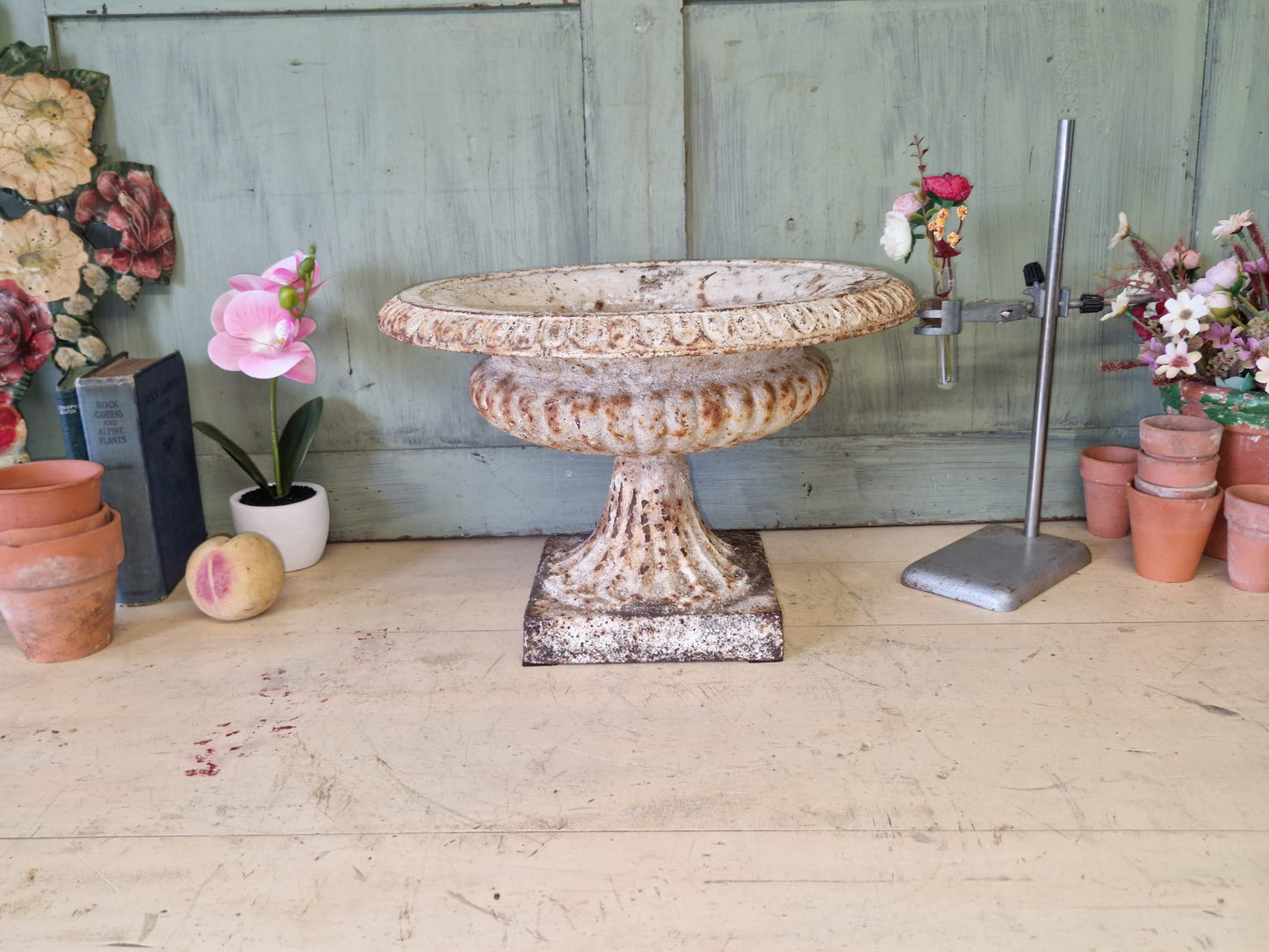 Antique White Cast Iron Tazza Urn Garden Urn