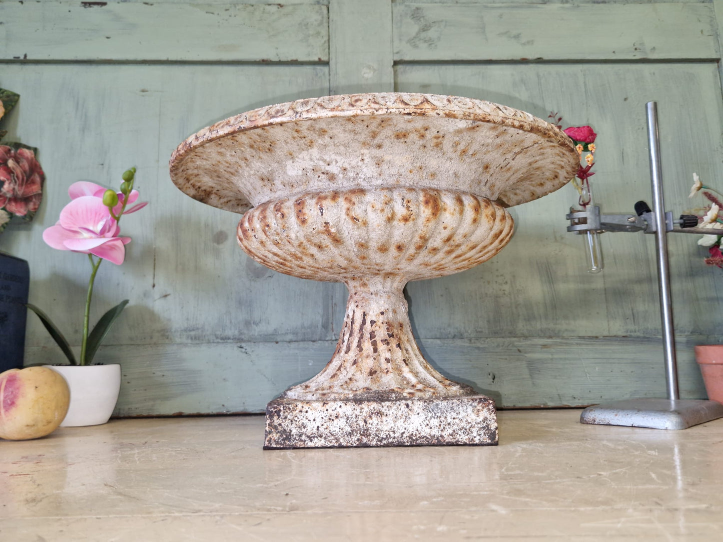 Antique White Cast Iron Tazza Urn Garden Urn