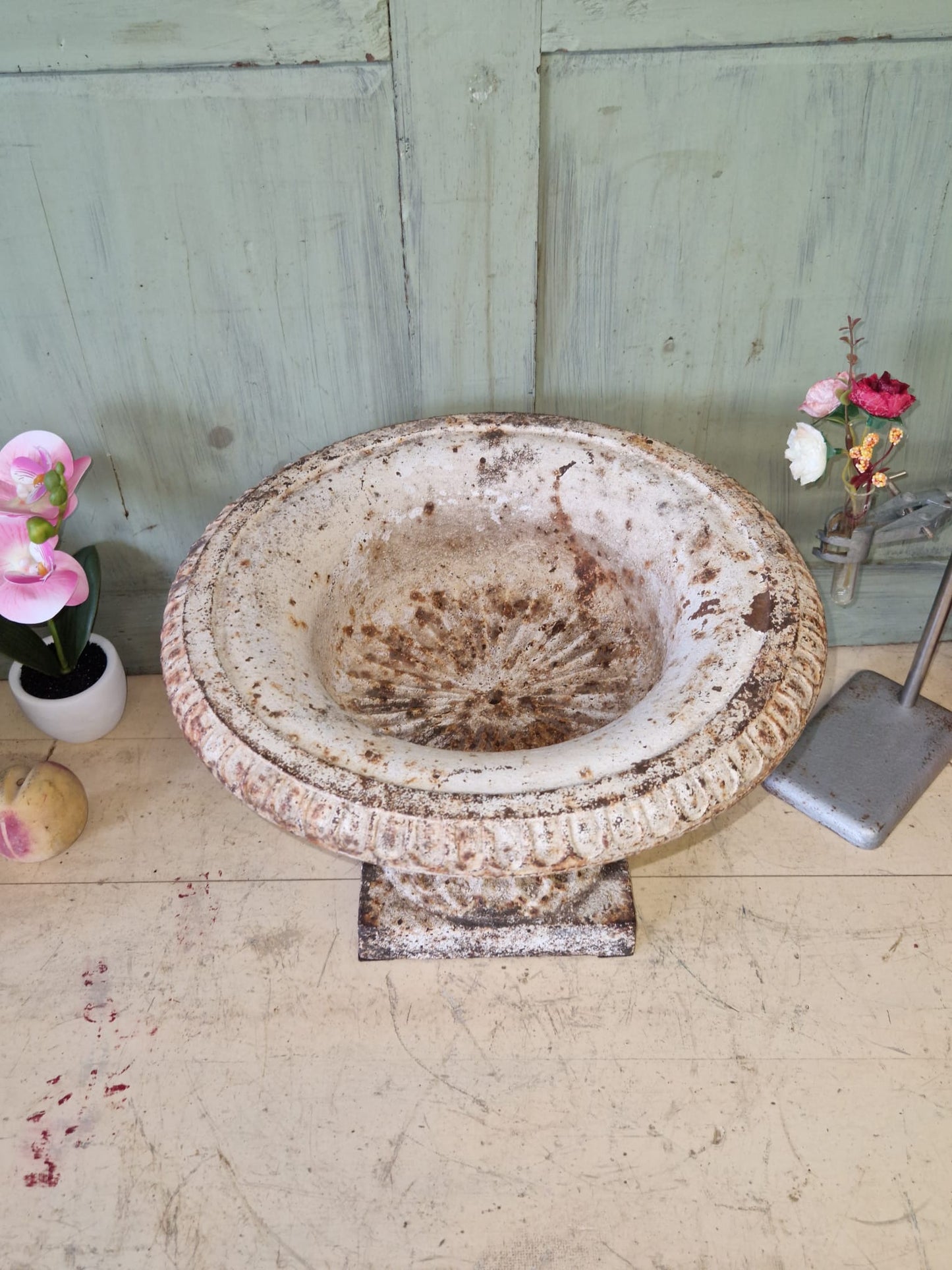 Antique White Cast Iron Tazza Urn Garden Urn