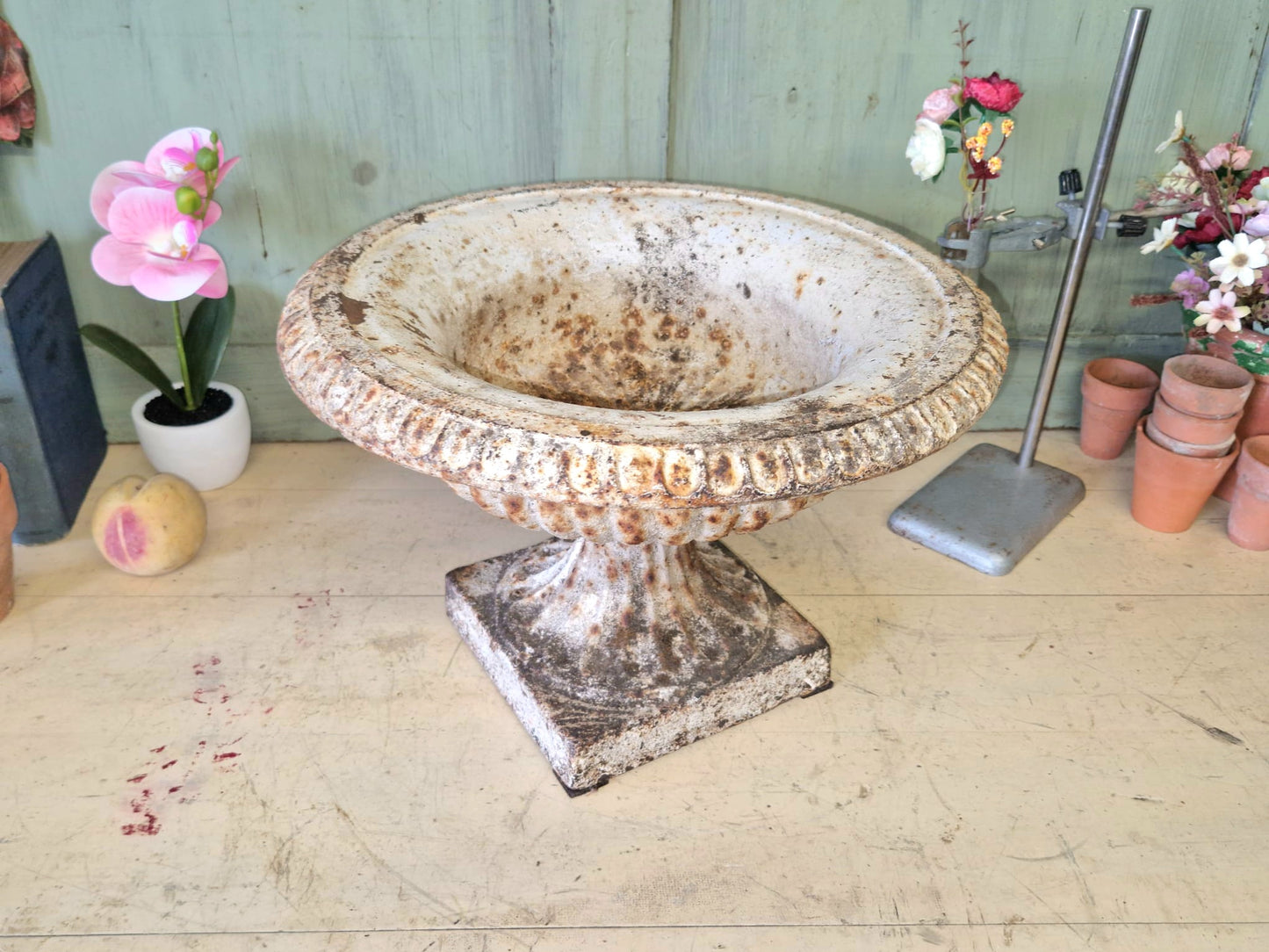 Antique White Cast Iron Tazza Urn Garden Urn