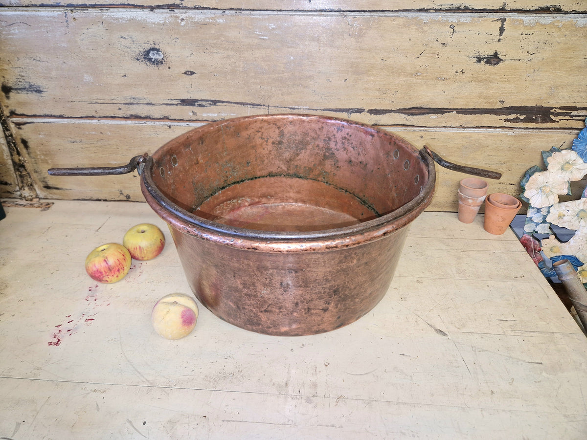 Large Antique Vintage Copper Cauldron Cooking Pot Iron Handles