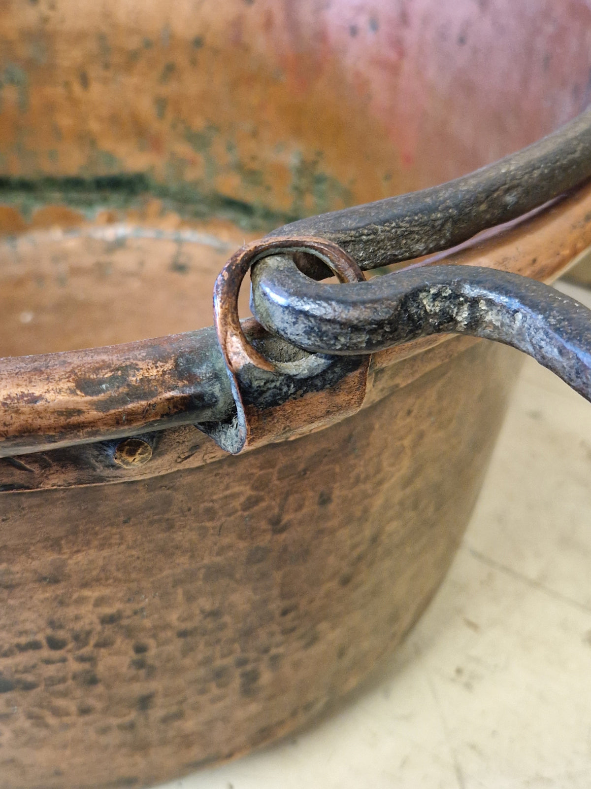 Large Antique Vintage Copper Cauldron Cooking Pot Iron Handles