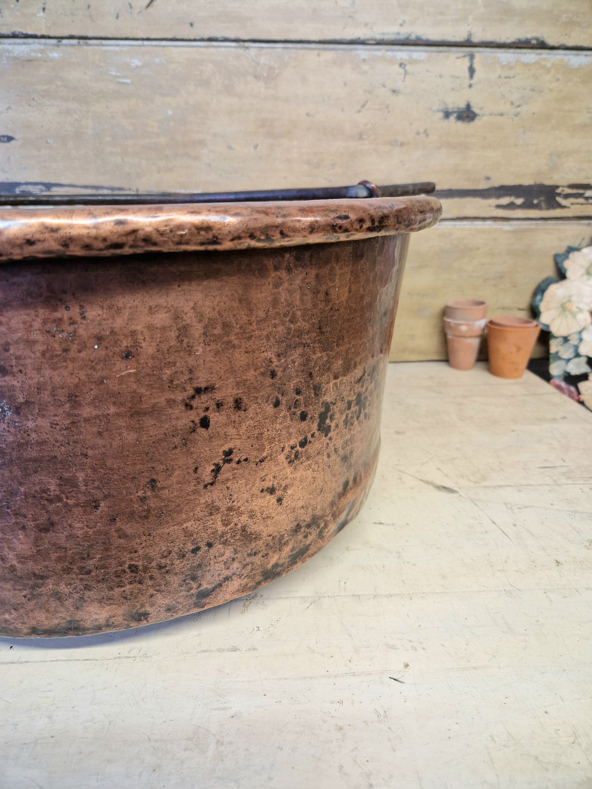 Large Antique Vintage Copper Cauldron Cooking Pot Iron Handles