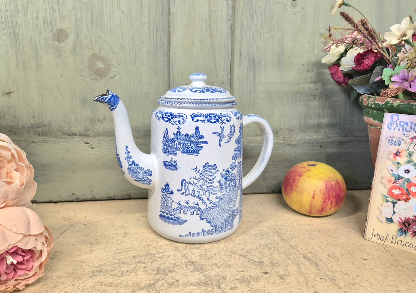 Vintage Blue Willow Enamelware Coffee Pot With Lid Enamel Ware English - Postage Included