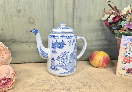 Vintage Blue Willow Enamelware Coffee Pot With Lid Enamel Ware English - Postage Included