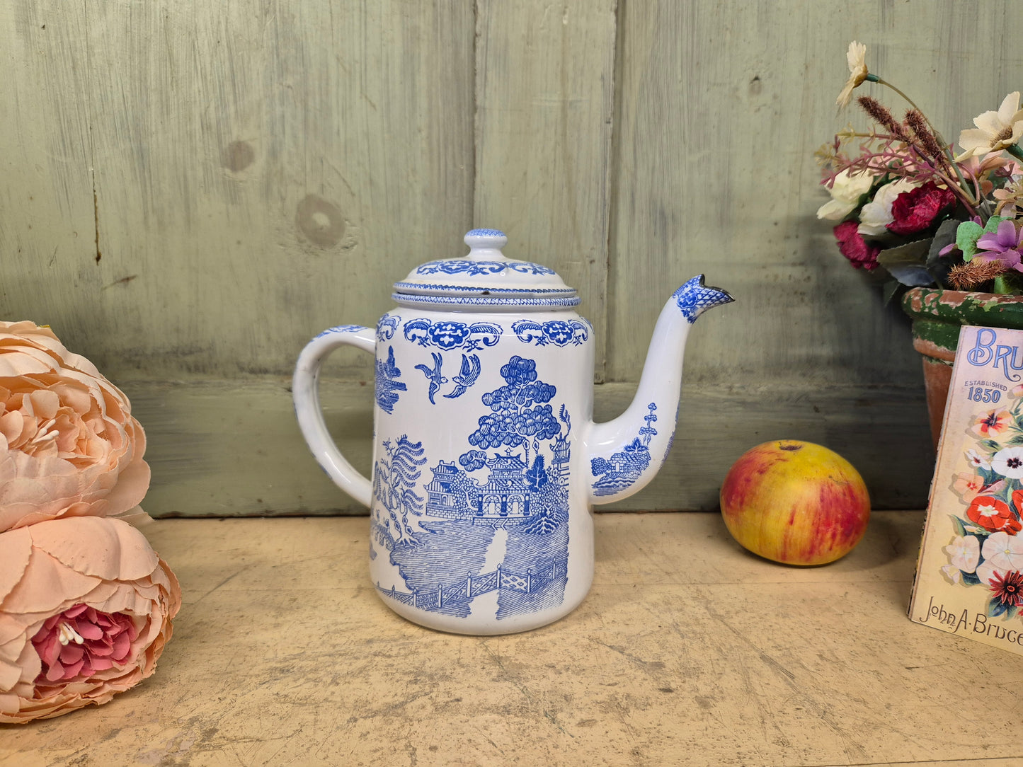 Vintage Blue Willow Enamelware Coffee Pot With Lid Enamel Ware English - Postage Included