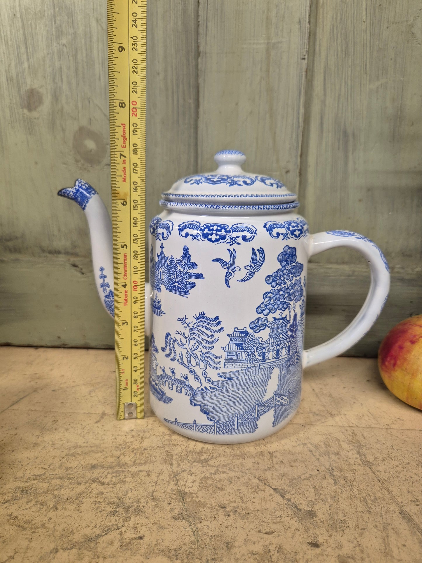 Vintage Blue Willow Enamelware Coffee Pot With Lid Enamel Ware English - Postage Included