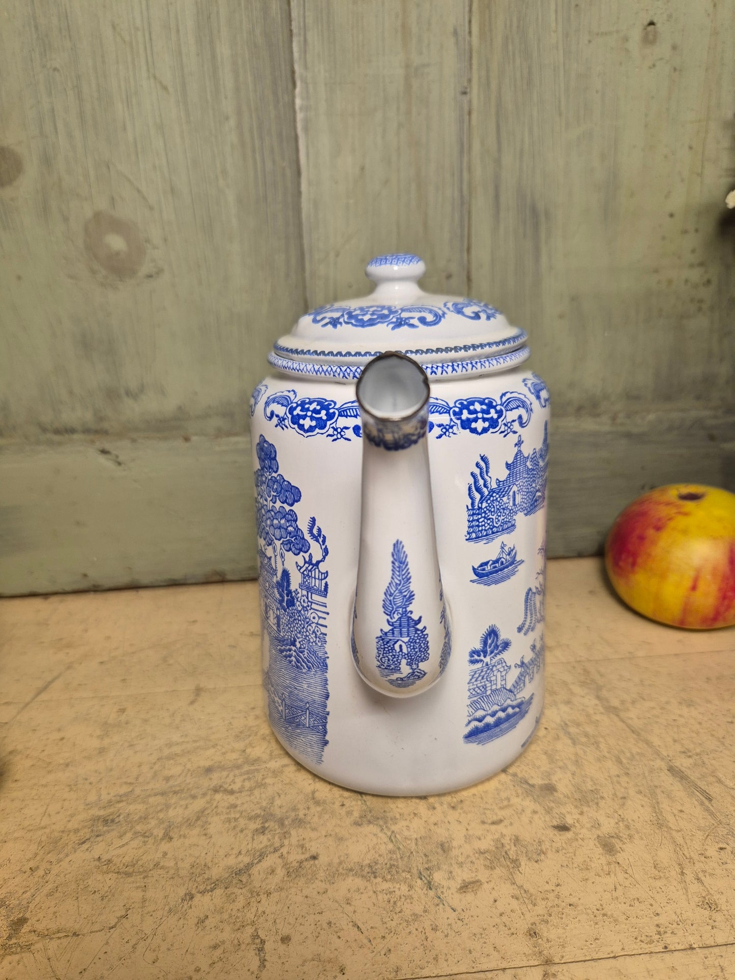 Vintage Blue Willow Enamelware Coffee Pot With Lid Enamel Ware English - Postage Included