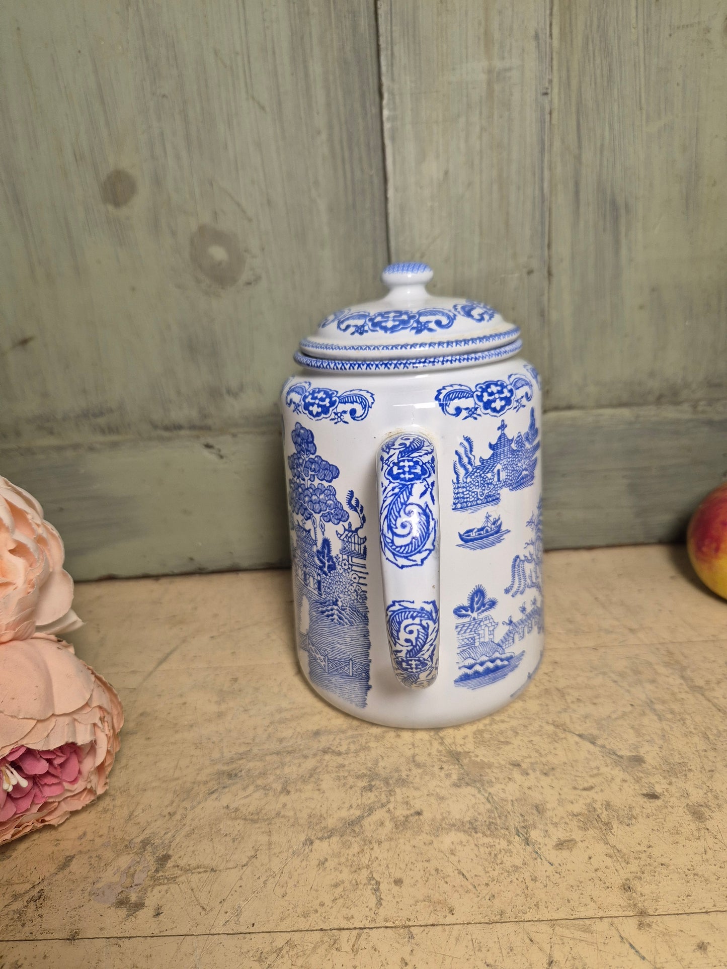 Vintage Blue Willow Enamelware Coffee Pot With Lid Enamel Ware English - Postage Included