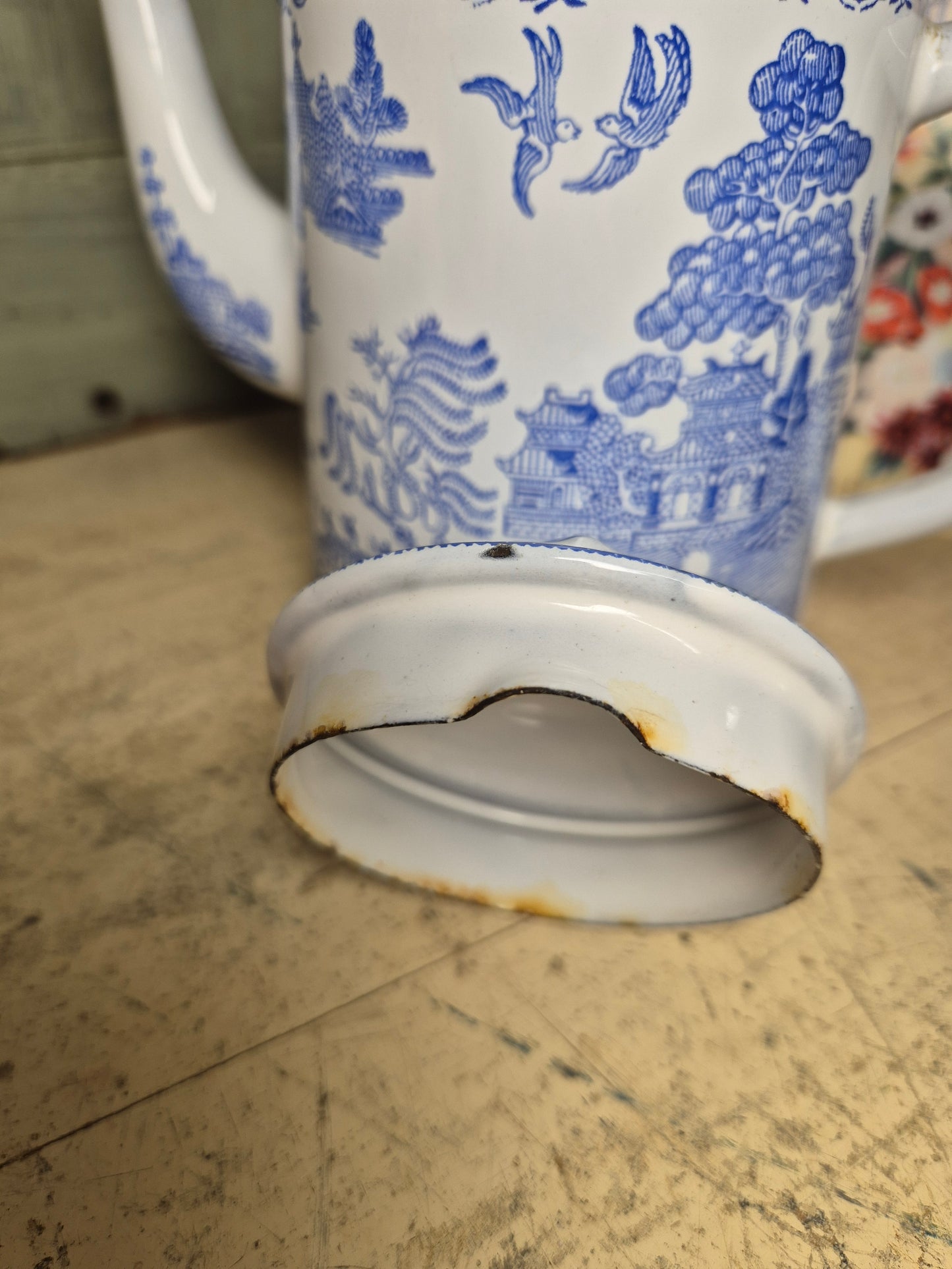 Vintage Blue Willow Enamelware Coffee Pot With Lid Enamel Ware English - Postage Included