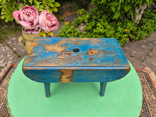 Vintage Rectangular Wooden Stool Rustic Farmhouse Cottage Milking Stool Blue Postage Included