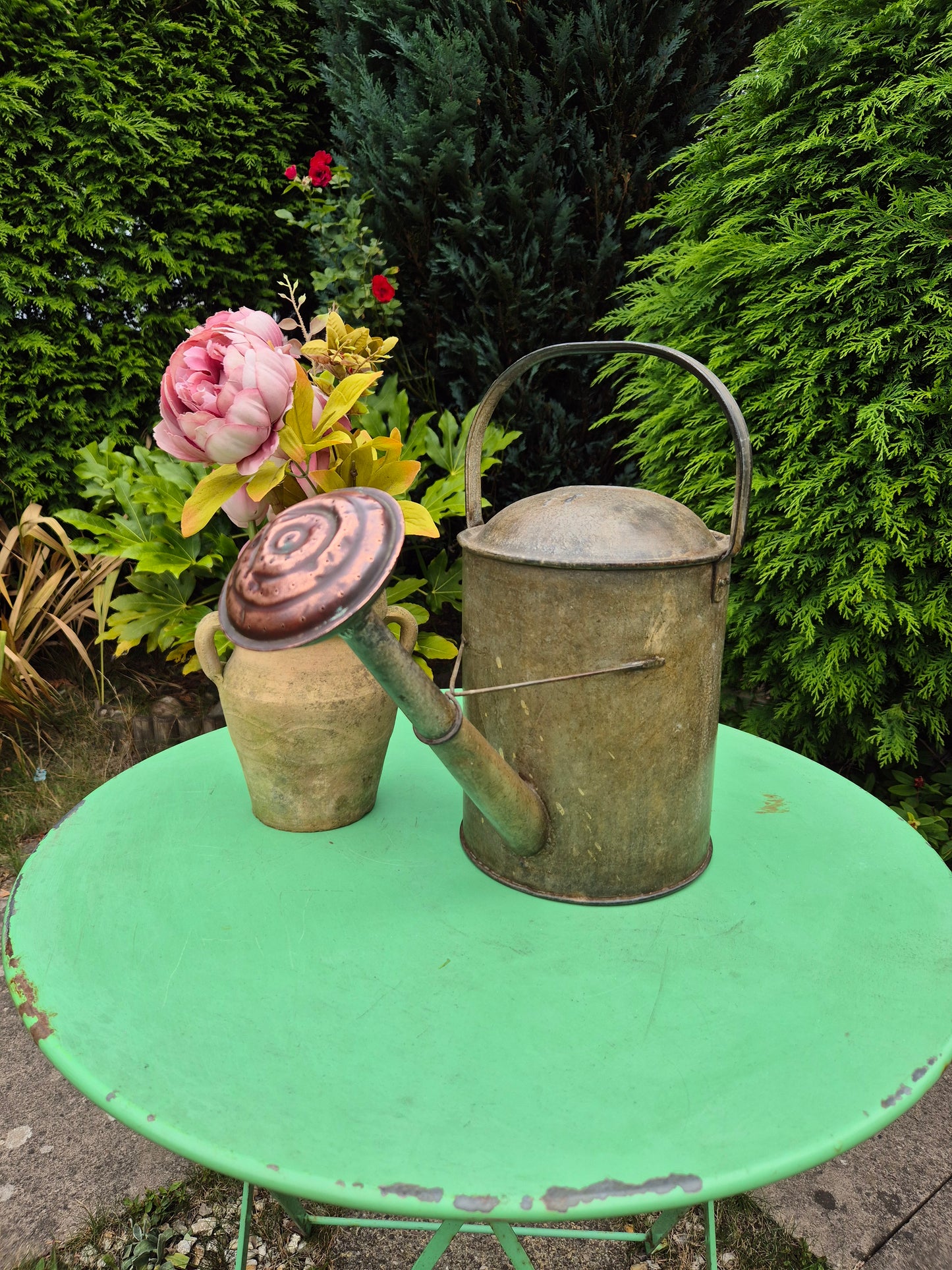 Vintage Galvanised Watering Can 1 1/2 Gallon with Copper Rose