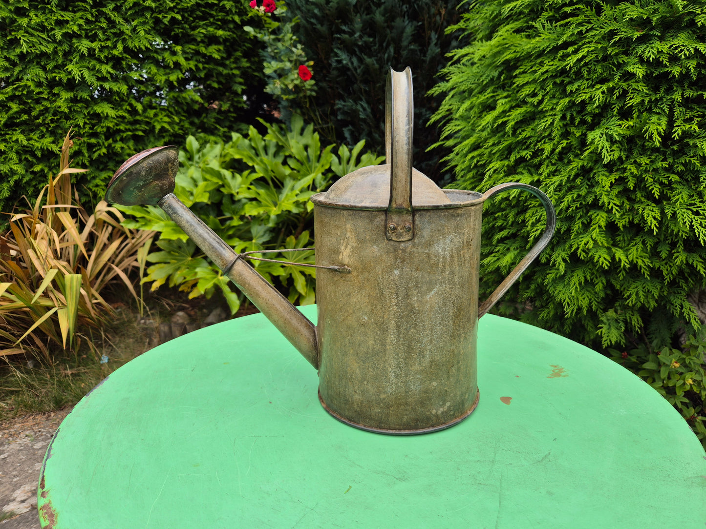 Vintage Galvanised Watering Can 1 1/2 Gallon with Copper Rose