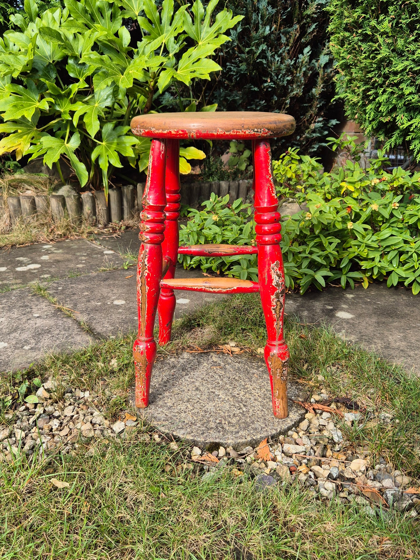 Antique Elm Top Stool Round Top, Turned Legs Country Farmhouse Red