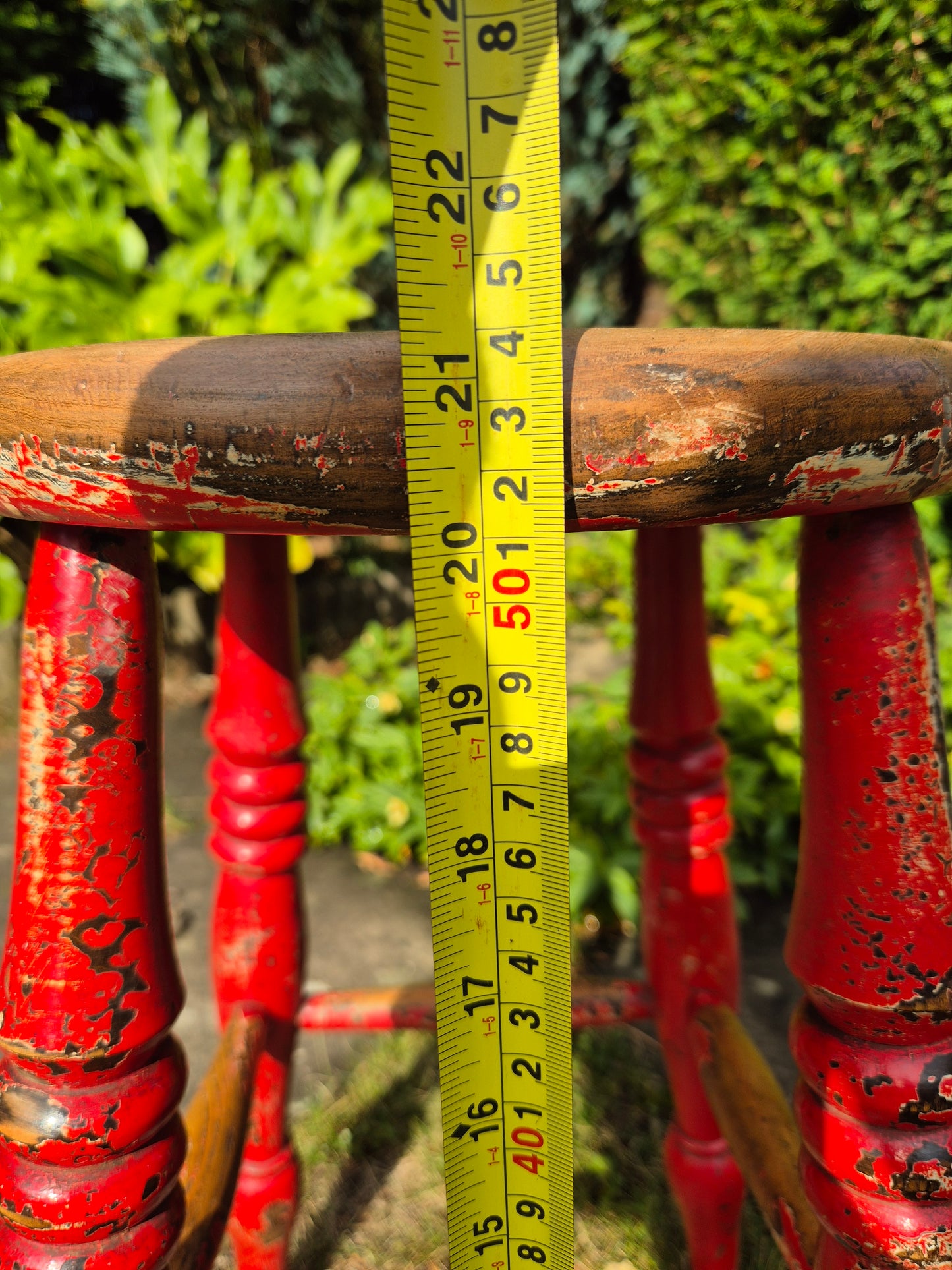 Antique Elm Top Stool Round Top, Turned Legs Country Farmhouse Red