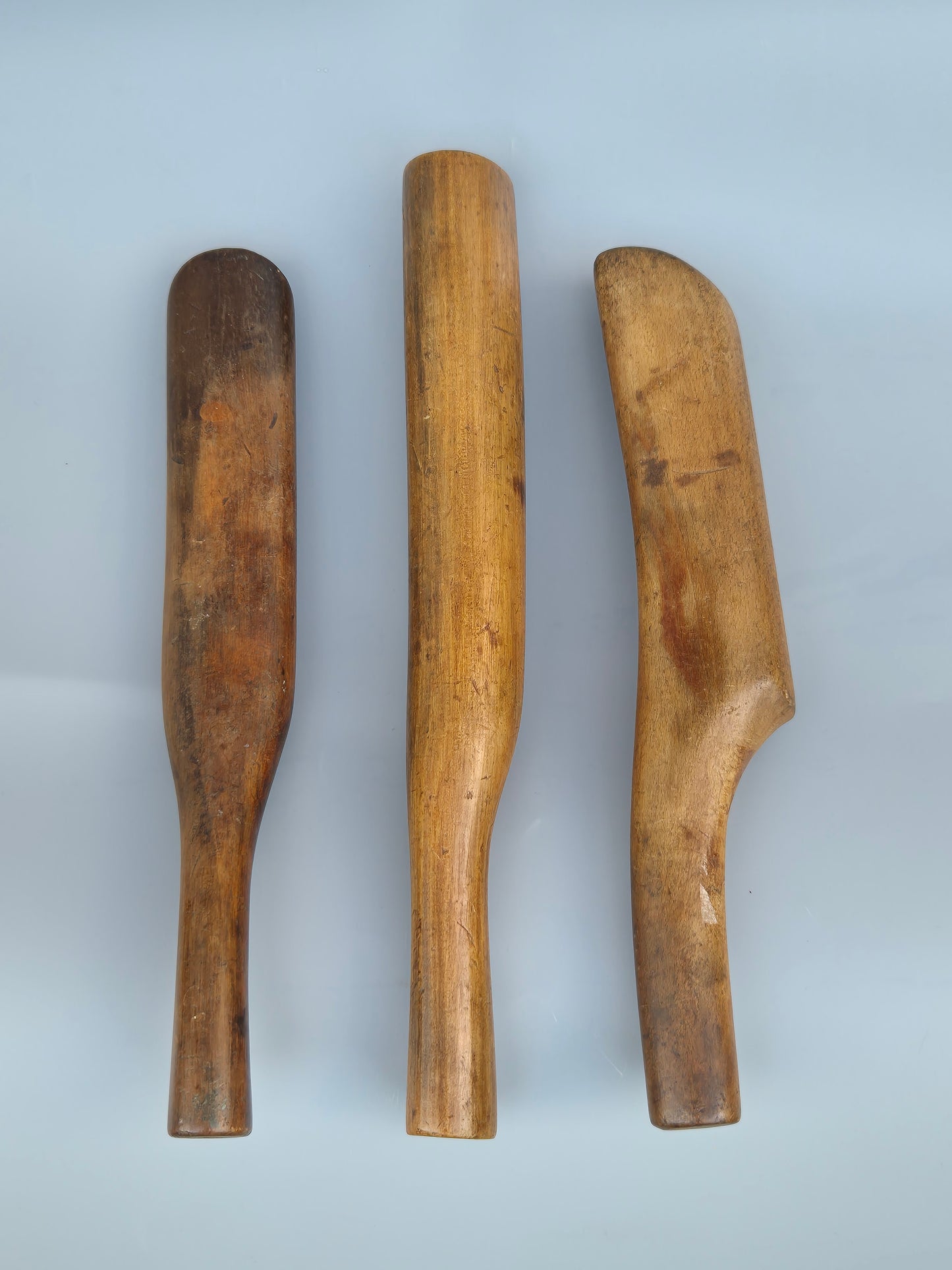 Vintage wooden lead bossing sticks, dressers, and lead mallet, roofing tools X 3