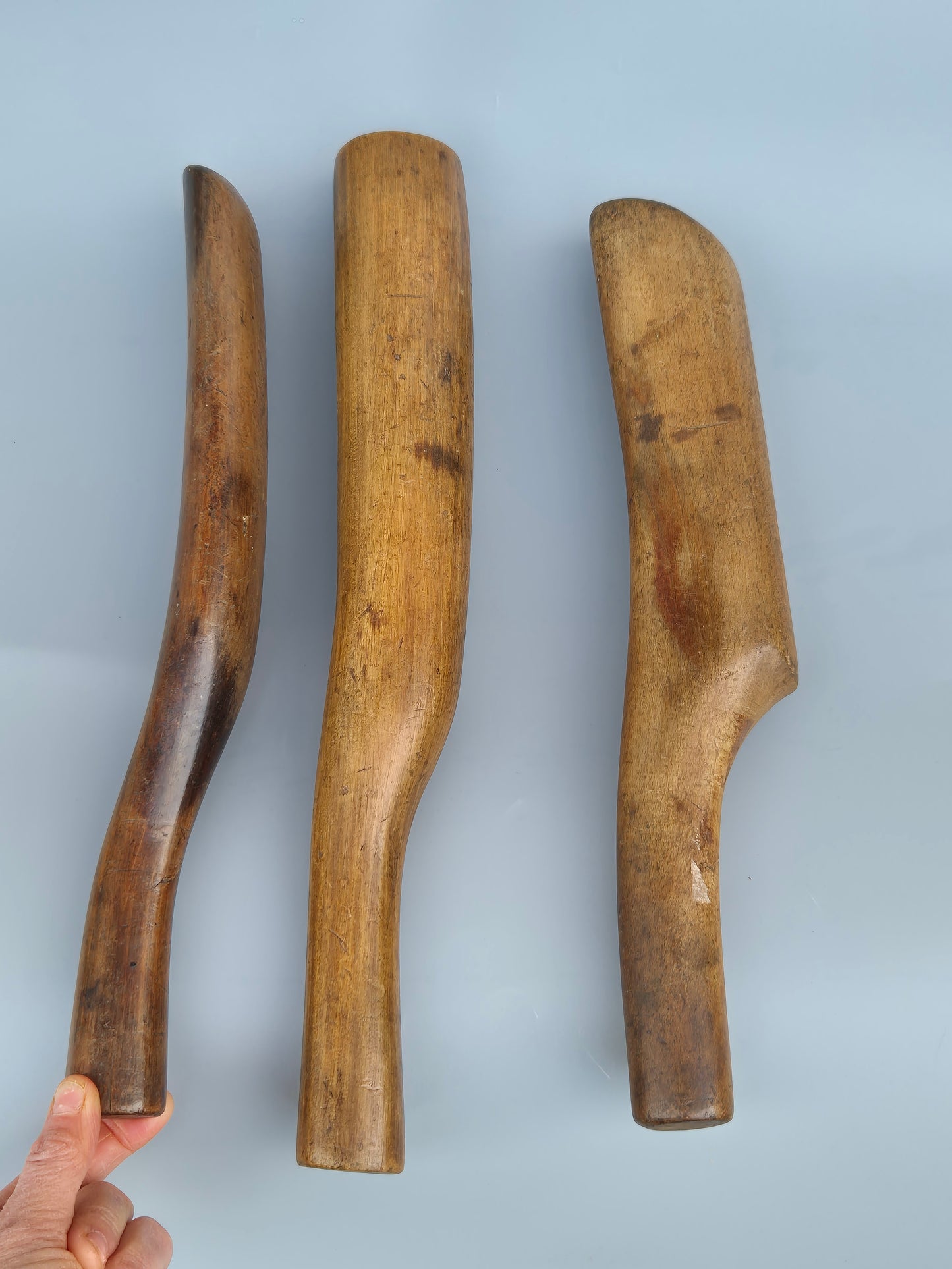 Vintage wooden lead bossing sticks, dressers, and lead mallet, roofing tools X 3