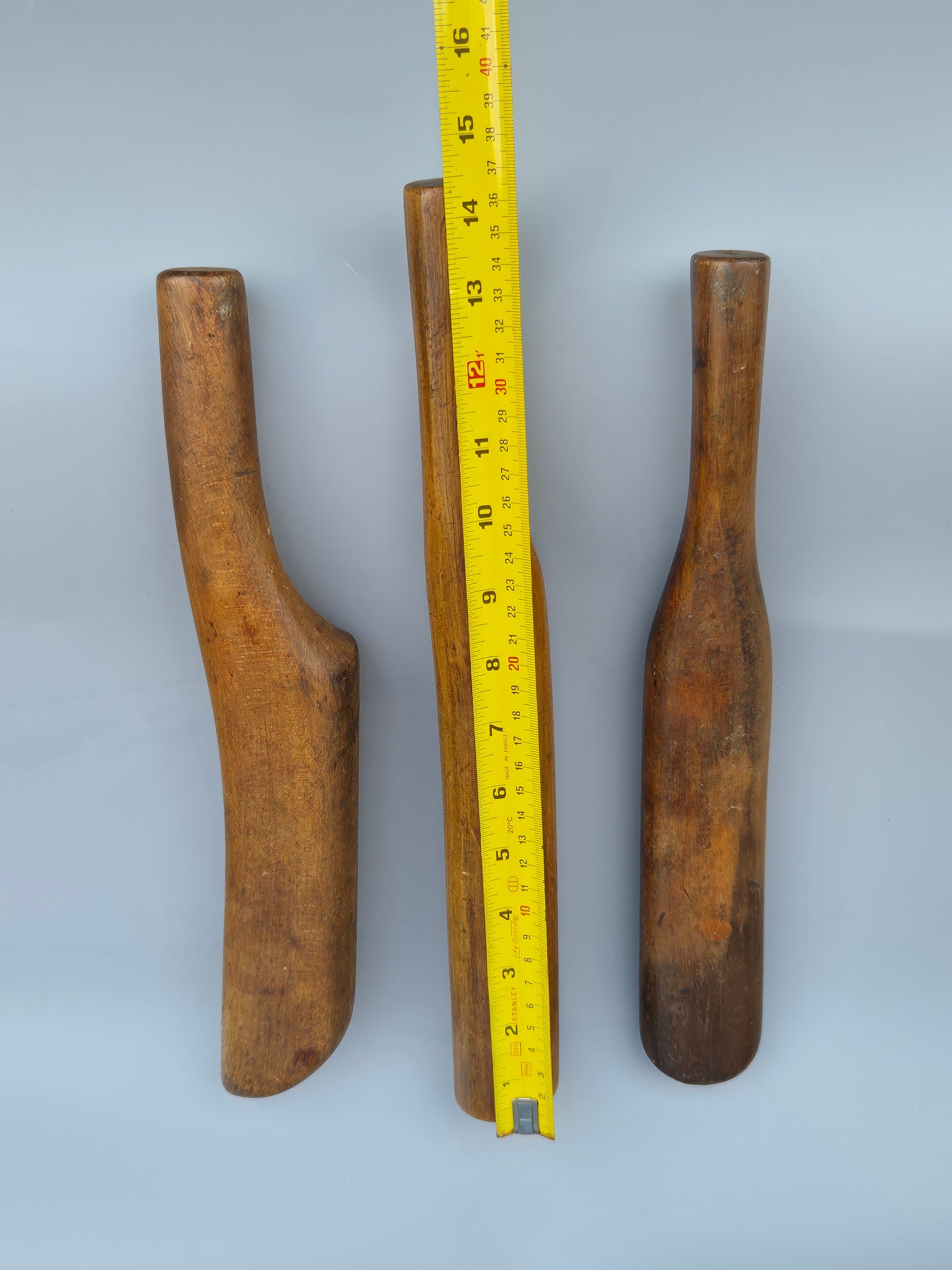 Vintage wooden lead bossing sticks, dressers, and lead mallet, roofing tools X 3