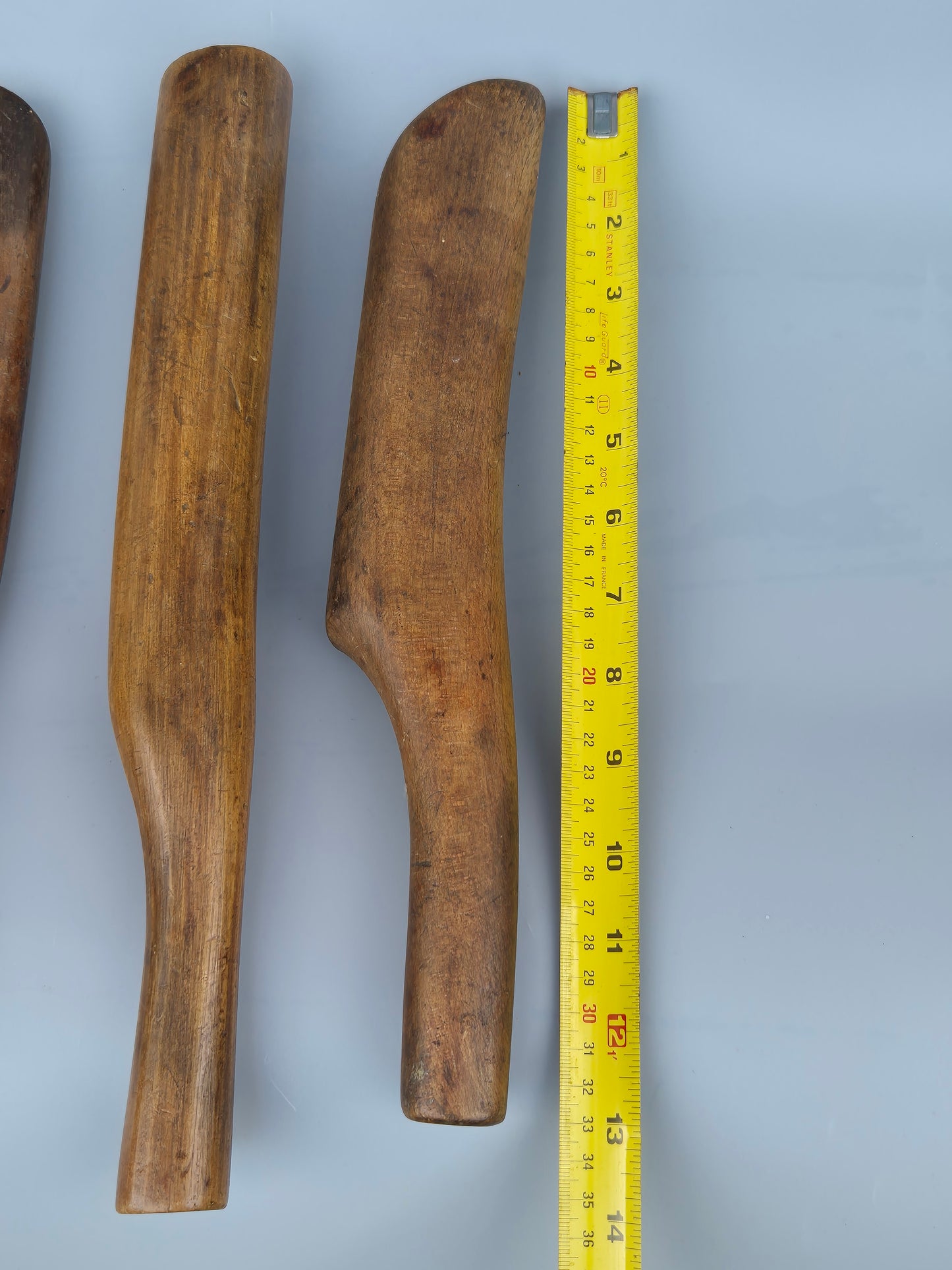 Vintage wooden lead bossing sticks, dressers, and lead mallet, roofing tools X 3