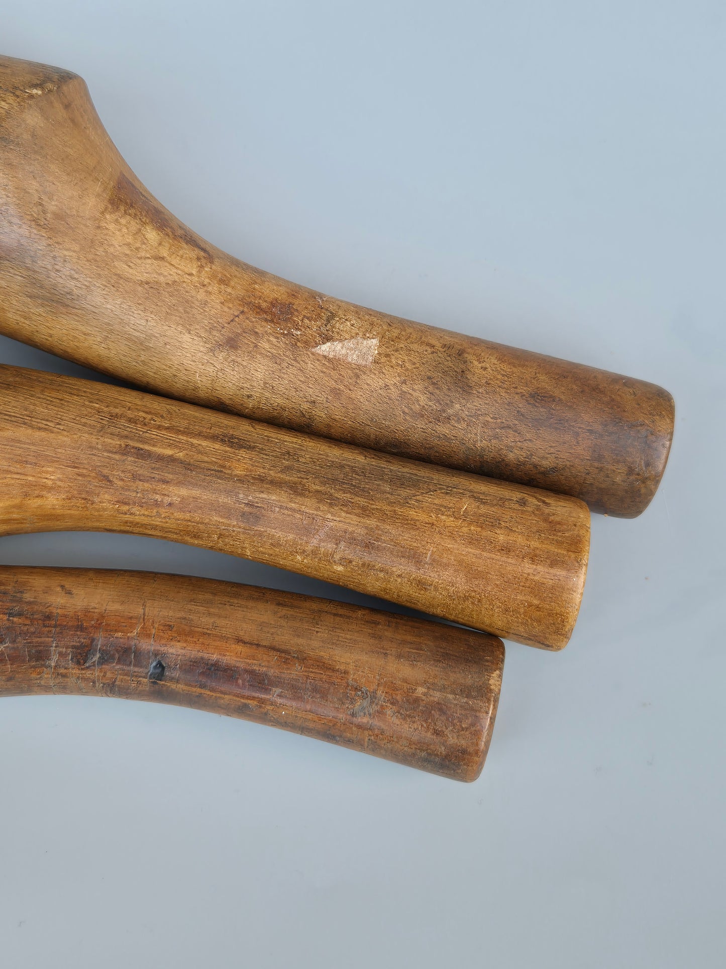 Vintage wooden lead bossing sticks, dressers, and lead mallet, roofing tools X 3