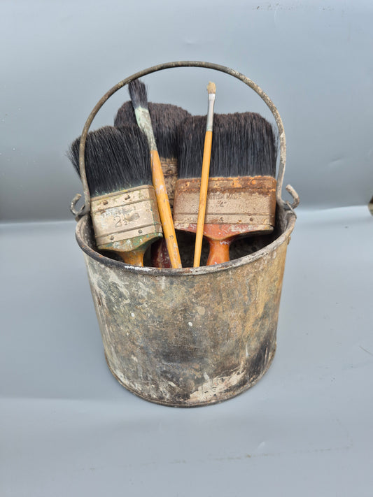 Vintage Paint Brushes x 5 & Metal Paint Kettle Pot Industrial Galvanised Bucket