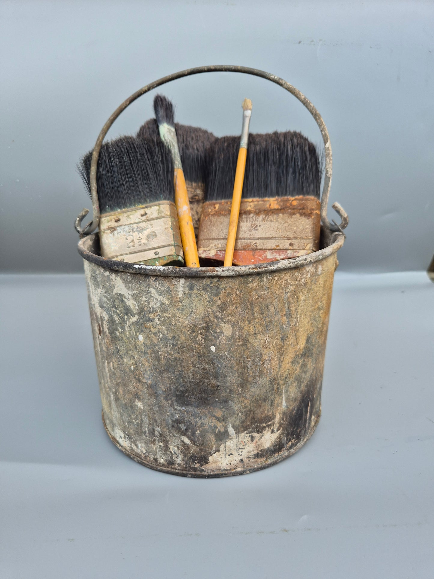 Vintage Paint Brushes x 5 & Metal Paint Kettle Pot Industrial Galvanised Bucket