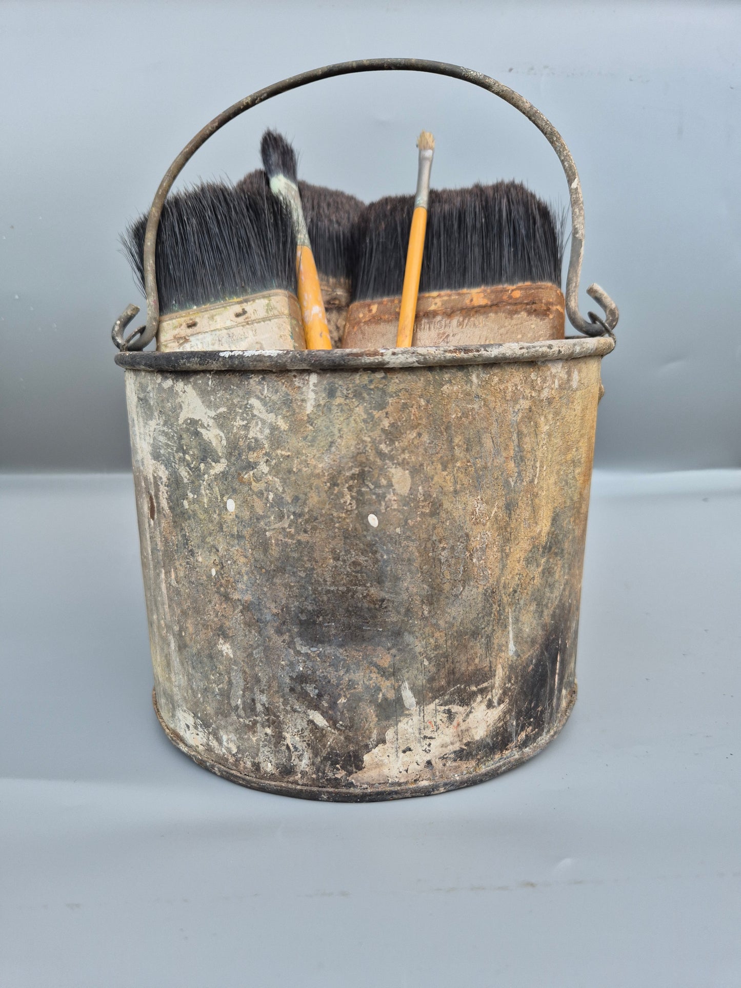 Vintage Paint Brushes x 5 & Metal Paint Kettle Pot Industrial Galvanised Bucket