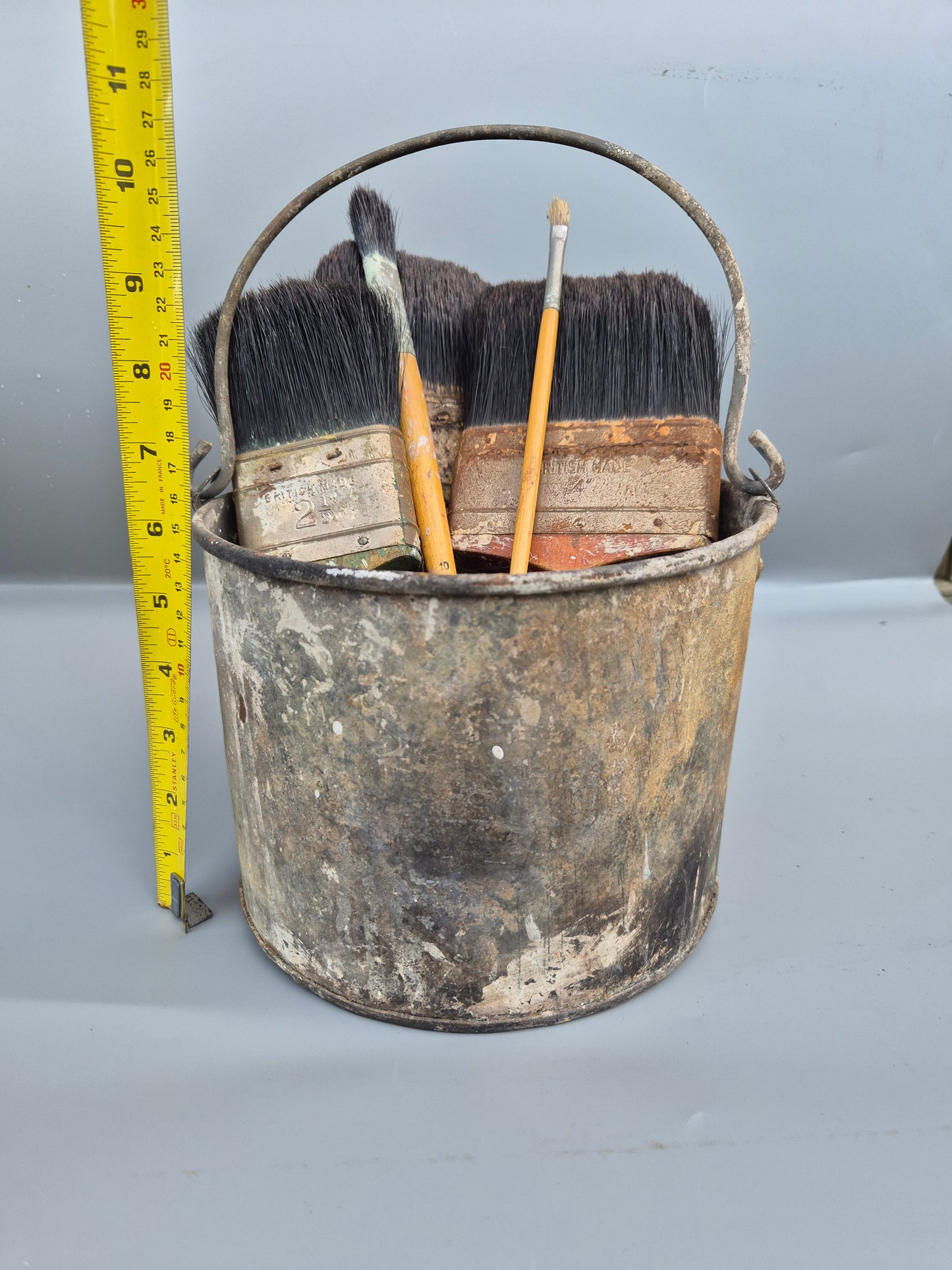 Vintage Paint Brushes x 5 & Metal Paint Kettle Pot Industrial Galvanised Bucket
