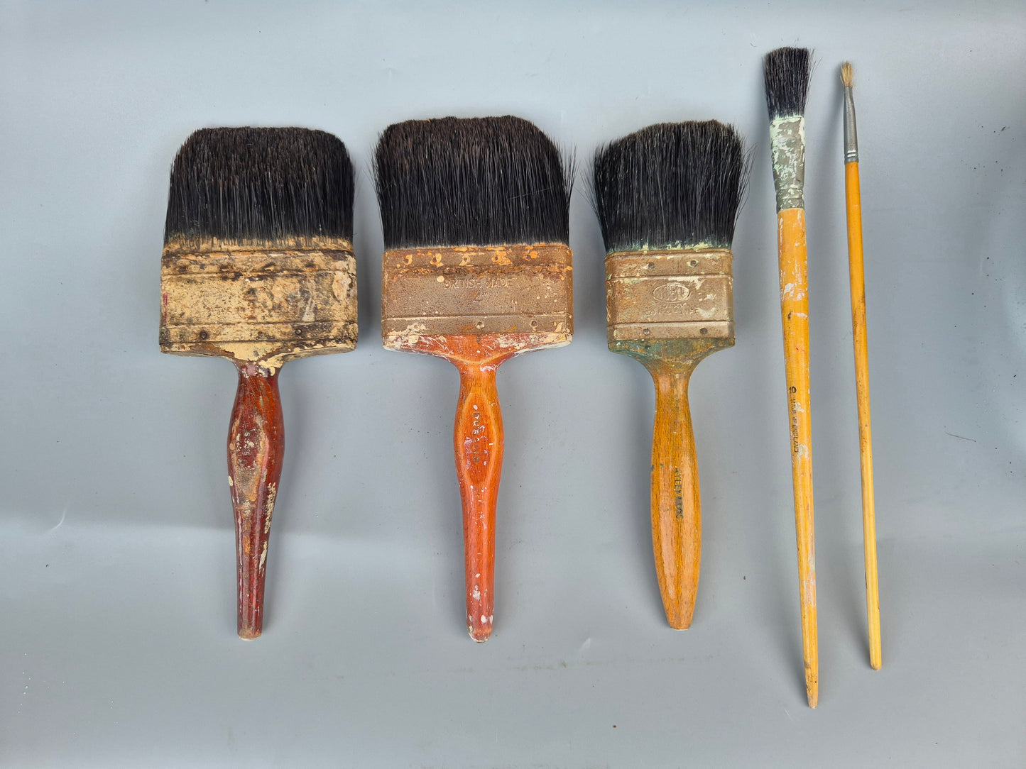 Vintage Paint Brushes x 5 & Metal Paint Kettle Pot Industrial Galvanised Bucket