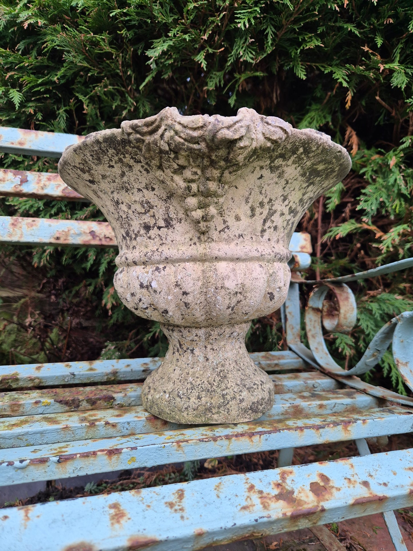 Vintage Small Garden Urn With Grape Design Available In The Malthouse Collective antiques centre in Stroud GL6 6NU