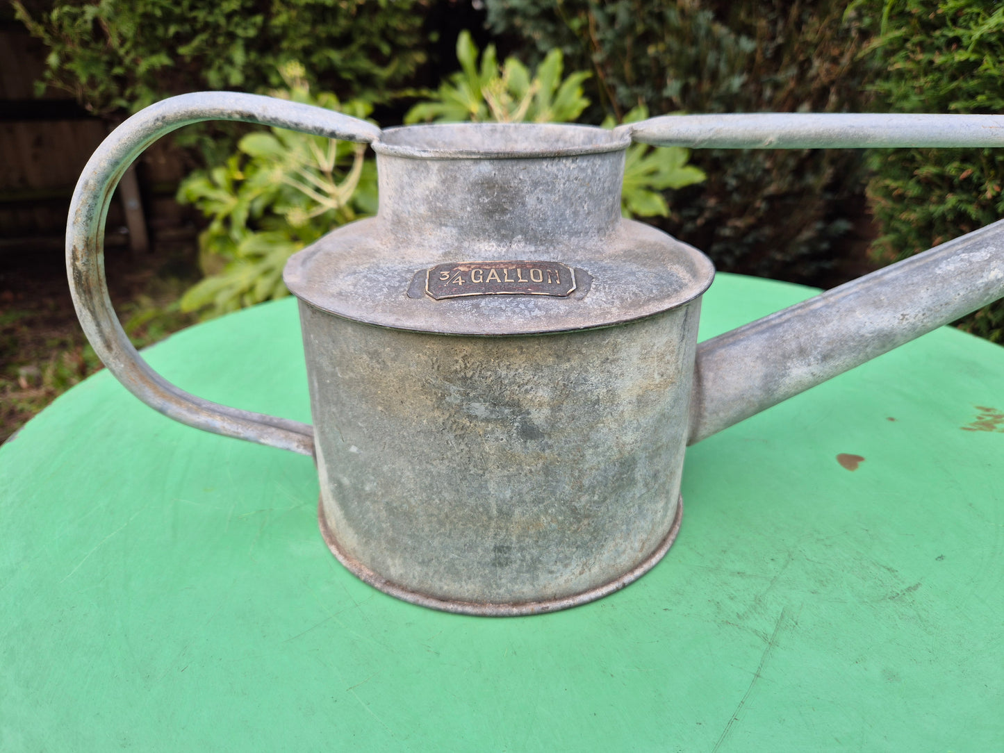 Vintage RARE 3/4 Gallon Galvanised Long Reach Watering Can Brass Badge