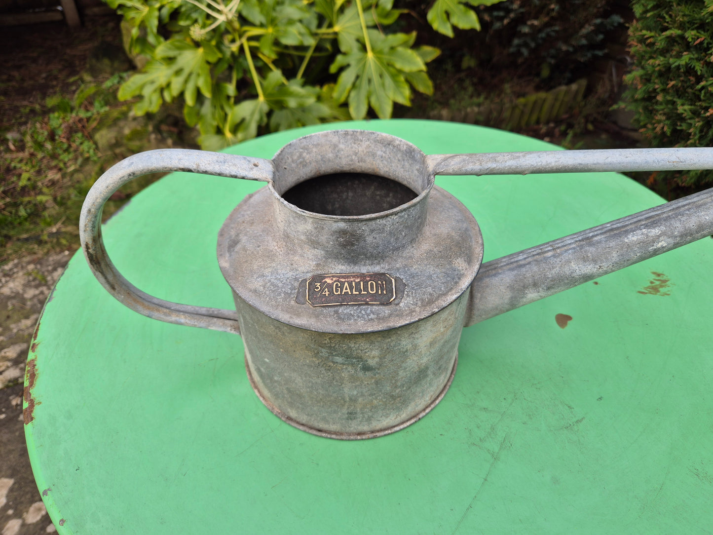Vintage RARE 3/4 Gallon Galvanised Long Reach Watering Can Brass Badge